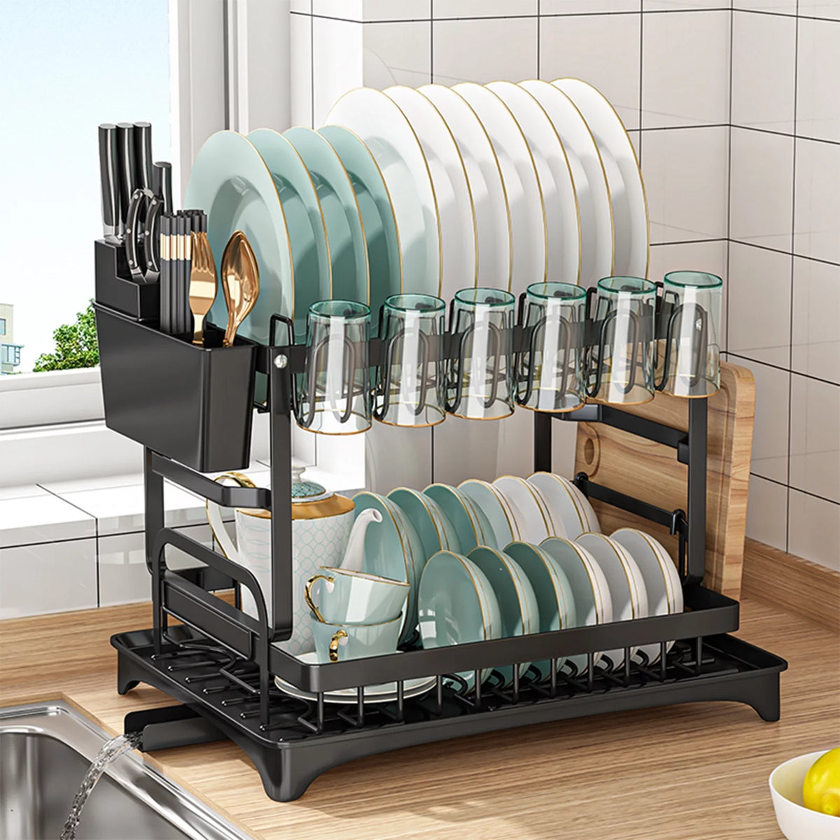 Black 2 Tier Stainless Steel Dish Drying Rack with Drainboard E176