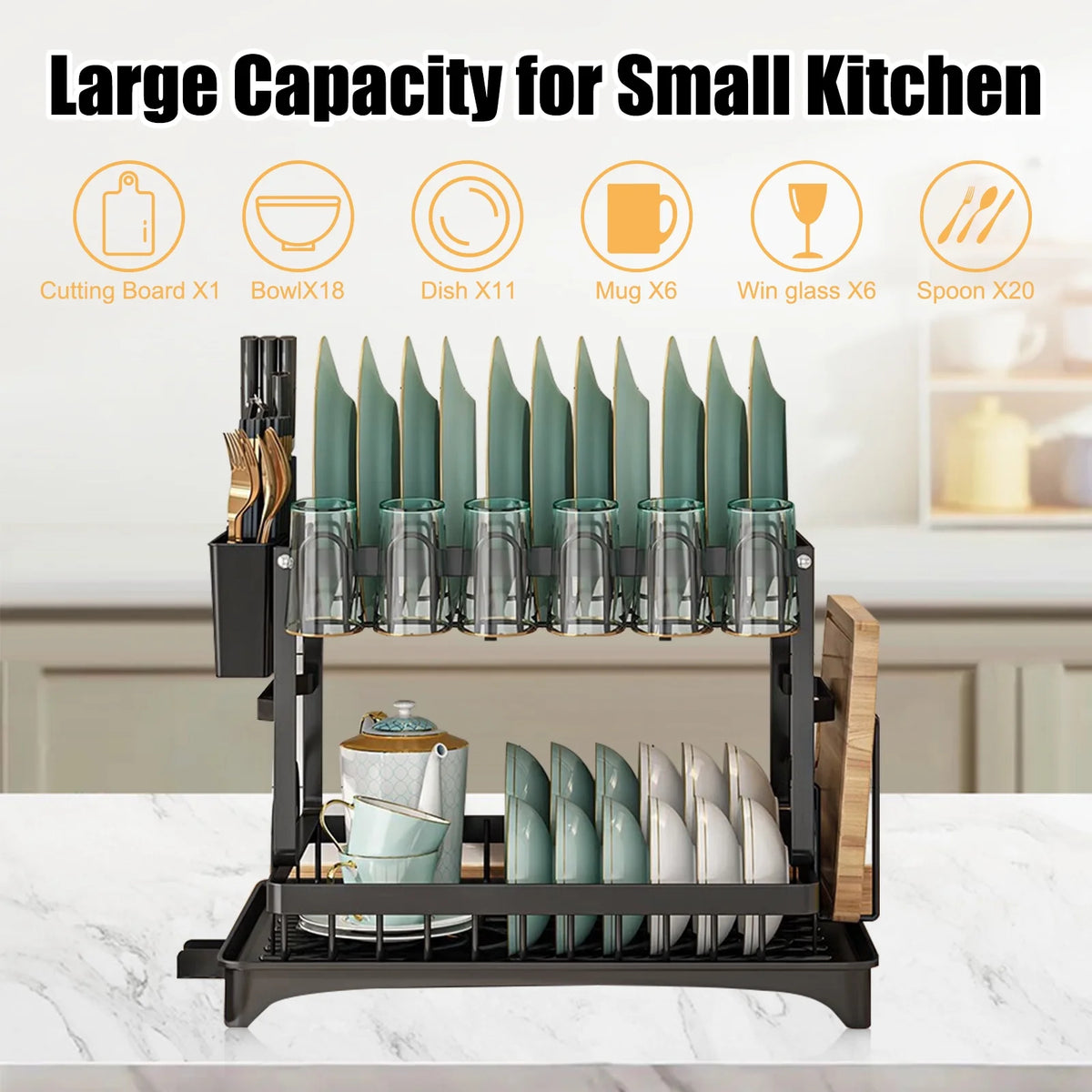 Black 2 Tier Stainless Steel Dish Drying Rack with Drainboard E176