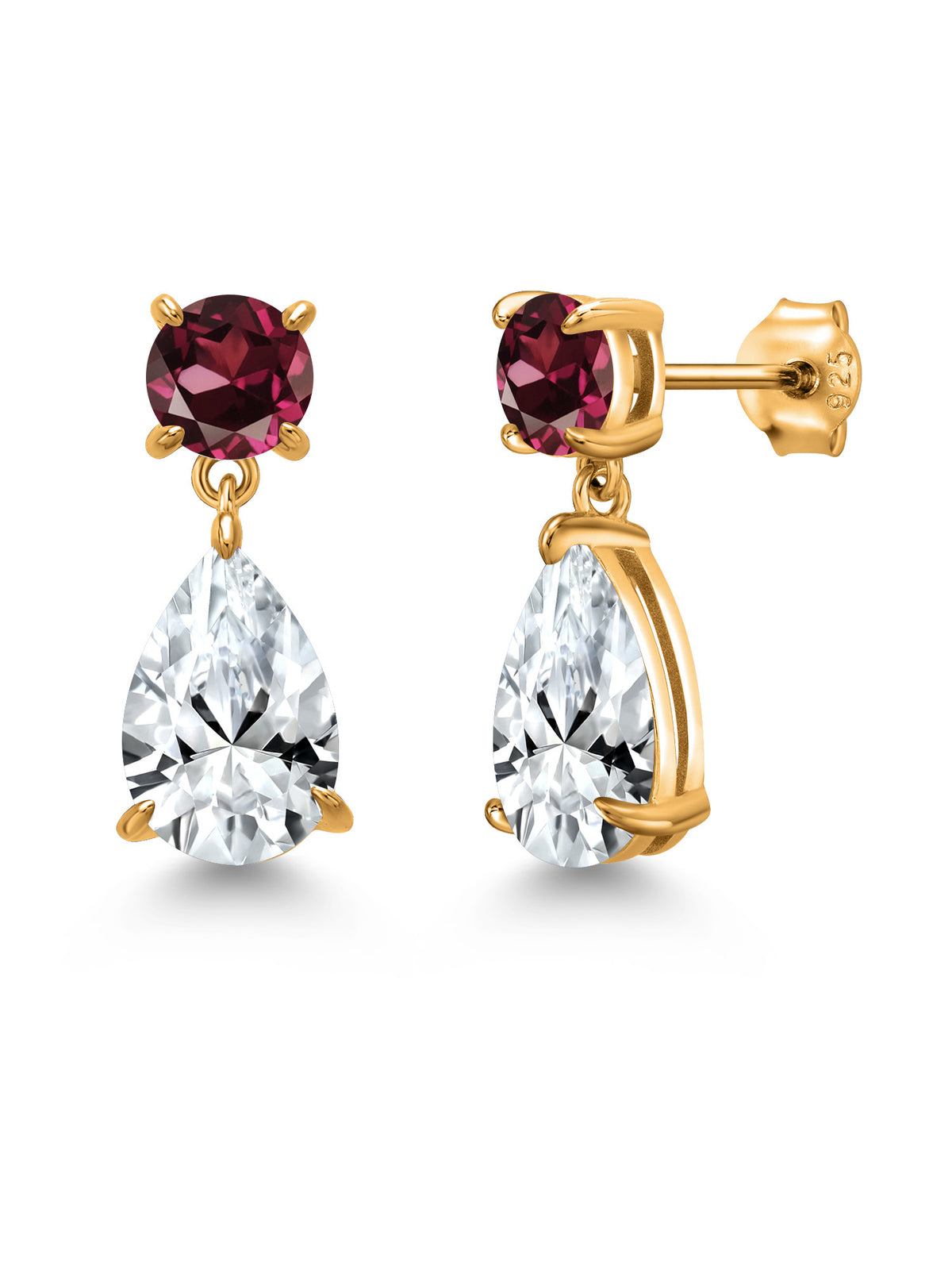 18K Yellow Gold Plated Silver White Created Sapphire and Red Rhodolite Garnet Teardrop Dangle Drop Earrings F4204