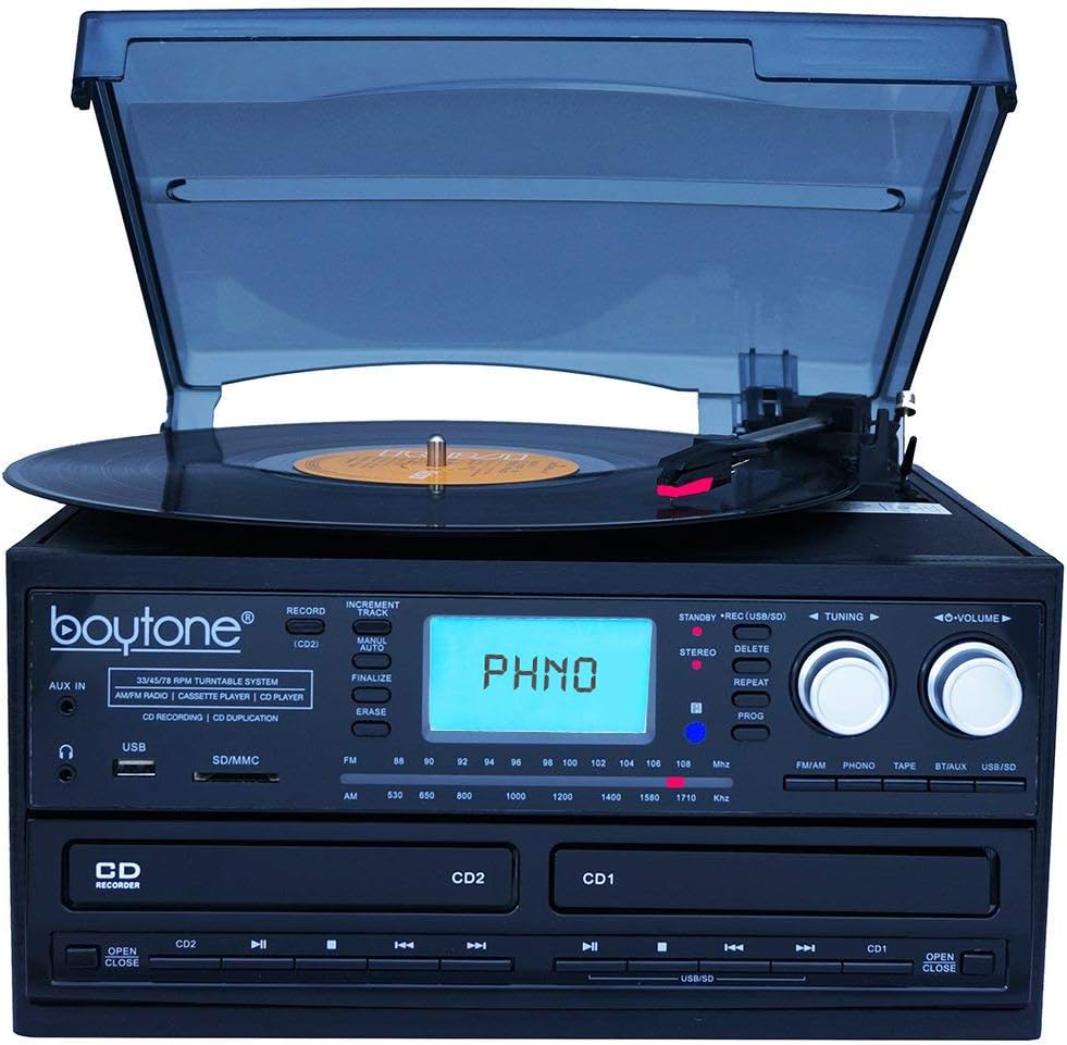 Bluetooth Dual CD Player Turntable Record Player with AM/FM Radio, Cassette Player, USB, AUX O376