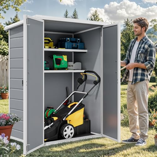 60 Cuft Outdoor Tall Storage Shed with 2 Shelves, Weatherproof Vertical Tool Shed with Floor & Lockable Doors, Double-Wall Plastic Cabinet (Gray) P36896