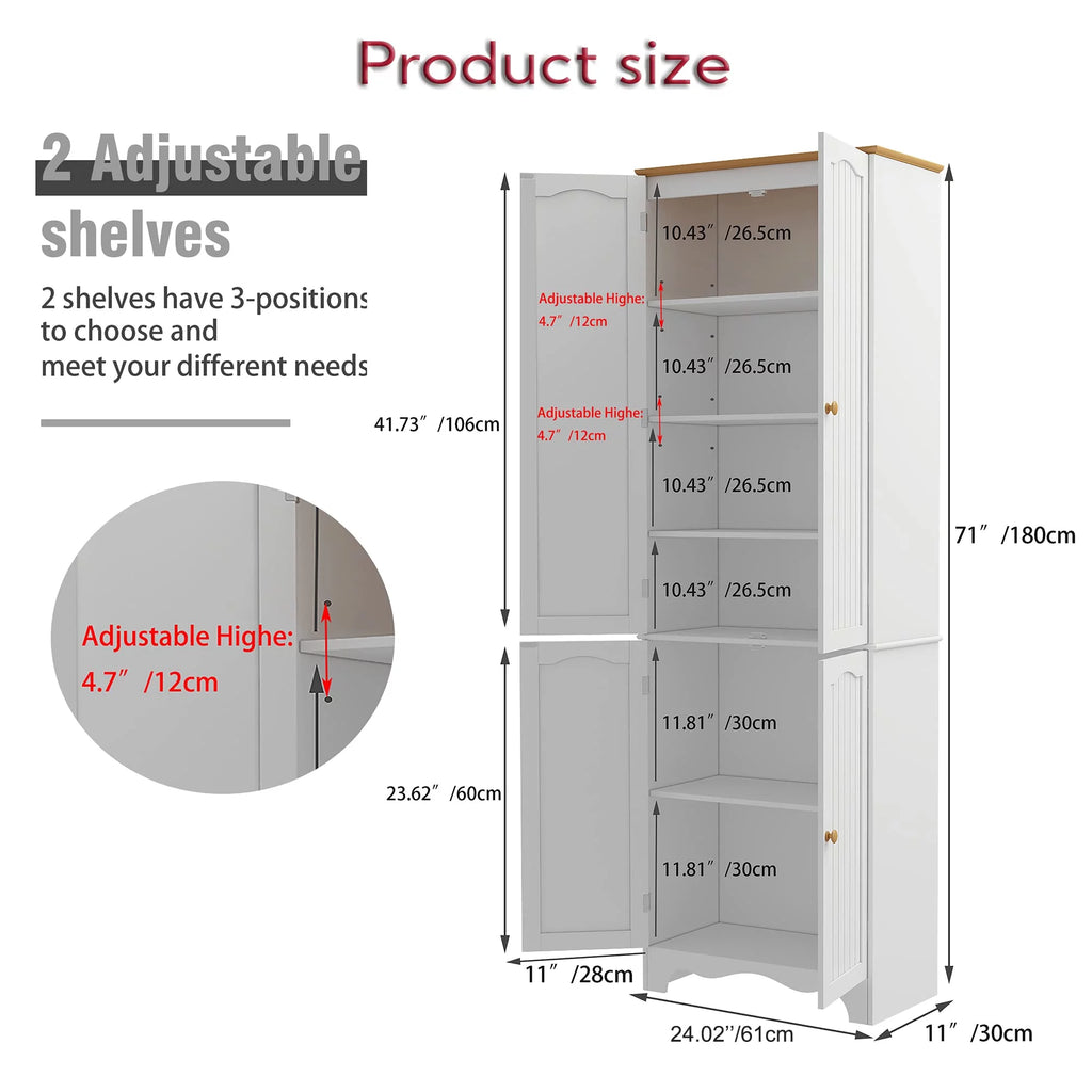 72'' Tall Kitchen Pantry Cabinet with 4 Doors and 2 Adjustable Shelf, White and Honey V427347