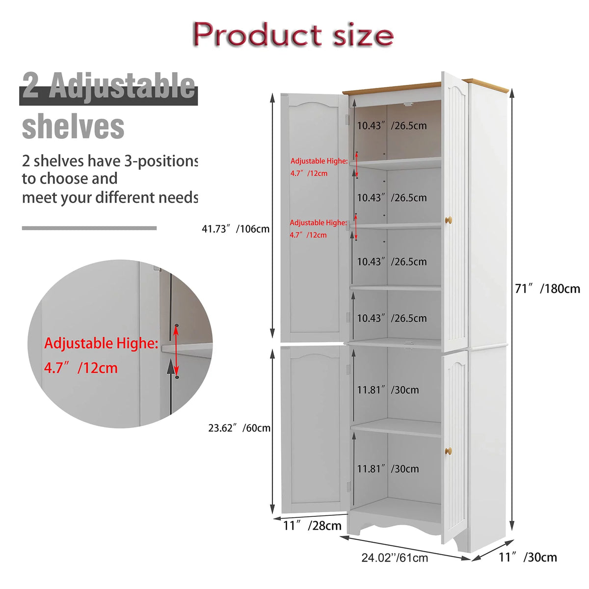 72'' Tall Kitchen Pantry Cabinet with 4 Doors and 2 Adjustable Shelf, White and Honey V427347