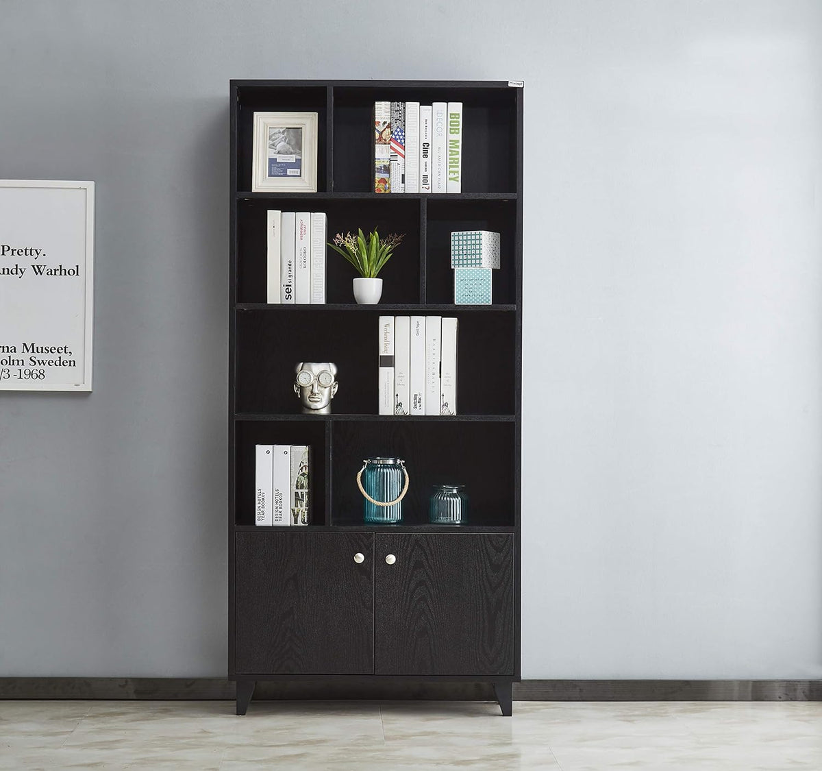 Black 68 Tall Wooden Bookcase with 2 Doors and 7 Compartments W442