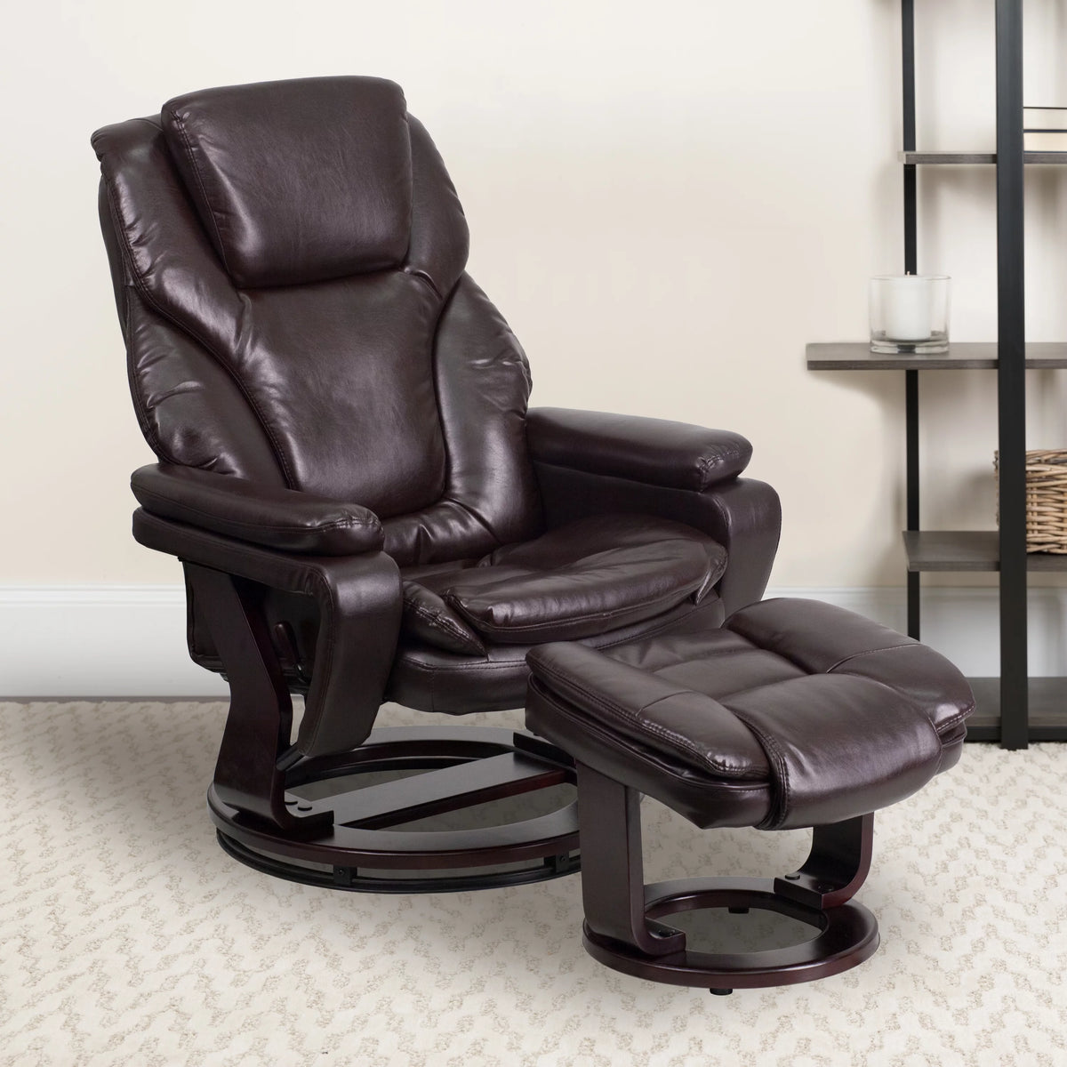 Brown LeatherSoft Recliner and Ottoman with Swivel Mahogany Wood Base B38302