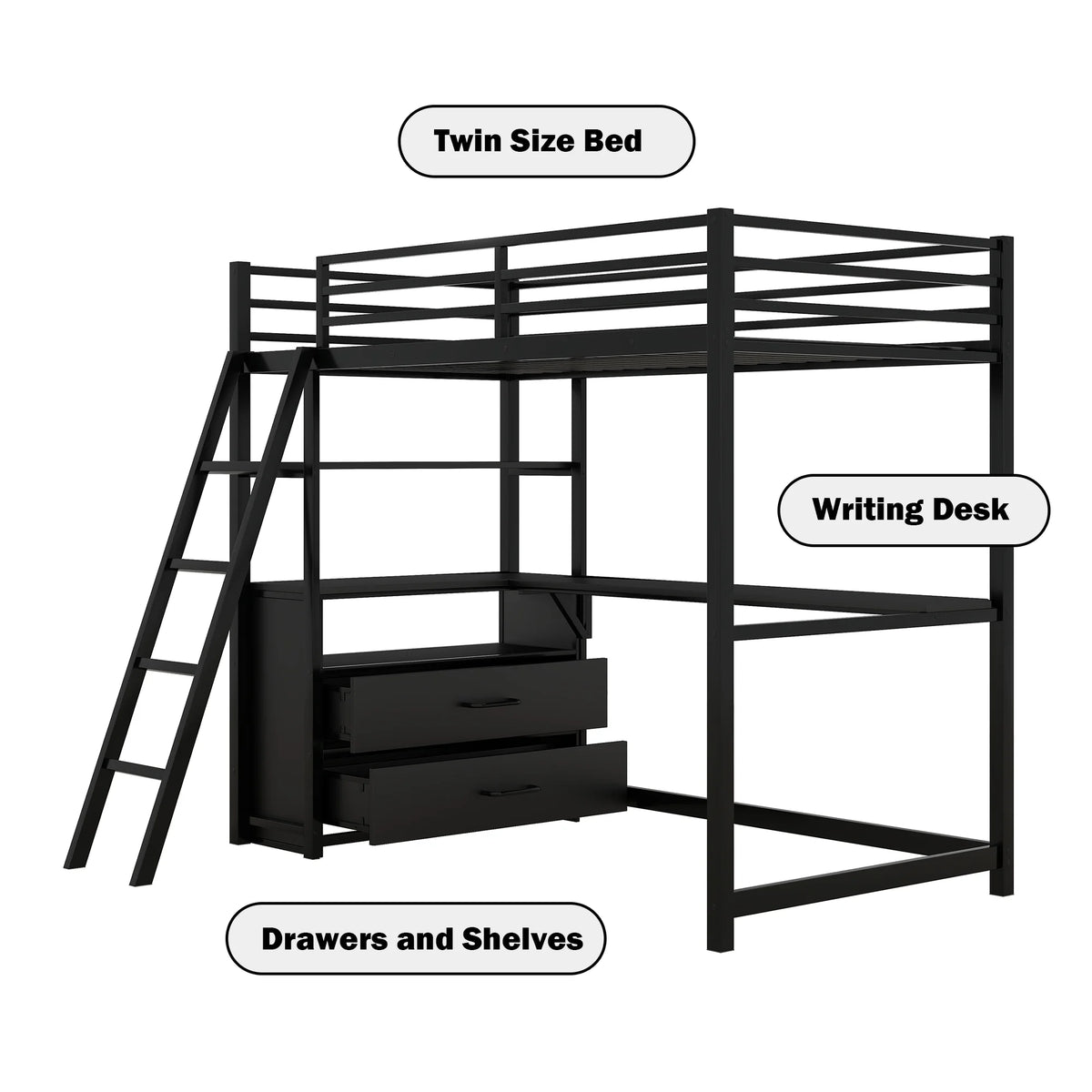 Black Twin Metal Loft Bed with Desk Storage Drawers Shelves L851750