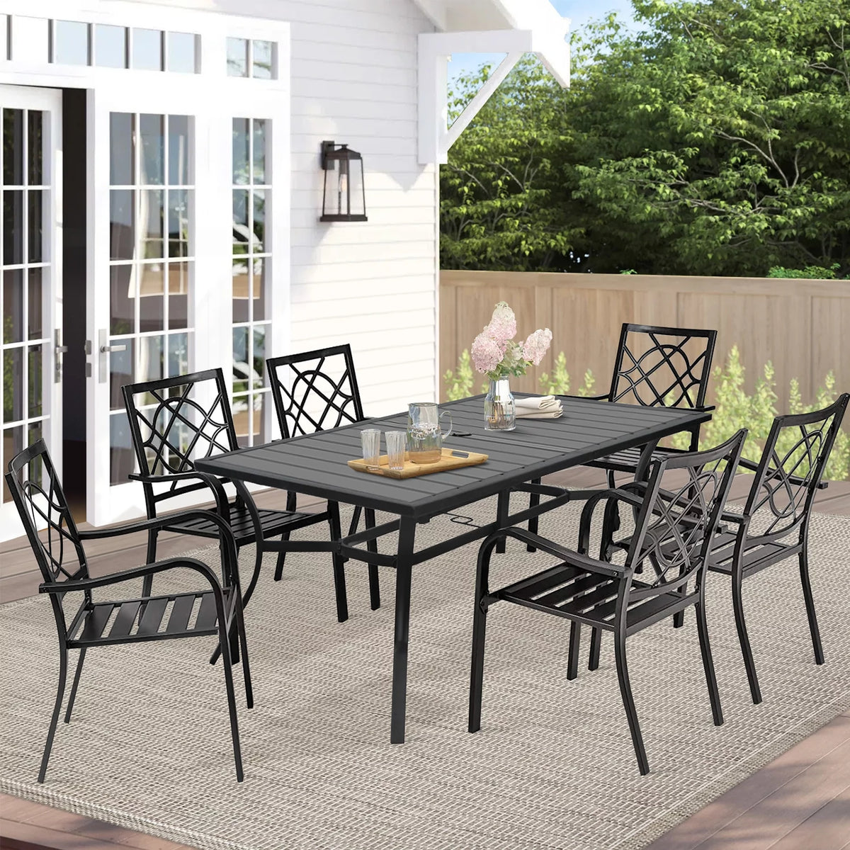 5-Piece Outdoor Patio Dining Set Stackable Metal Chairs and Square Table Black E191