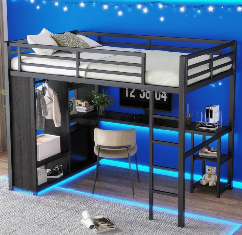 Queen Size Black Metal Loft Bed with L Desk and Wardrobe J307