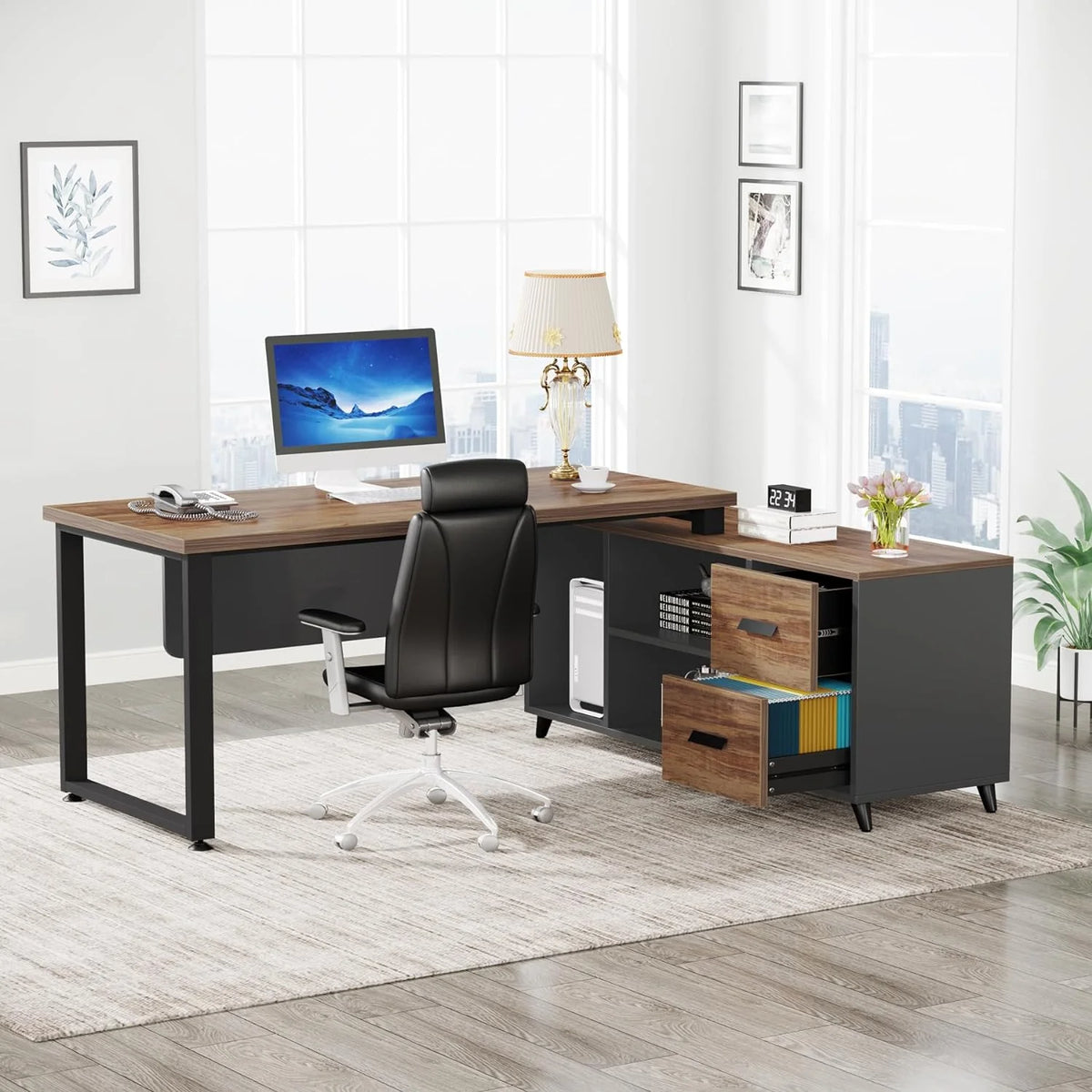 55 Inch L Shaped Desk with File Drawer J2772