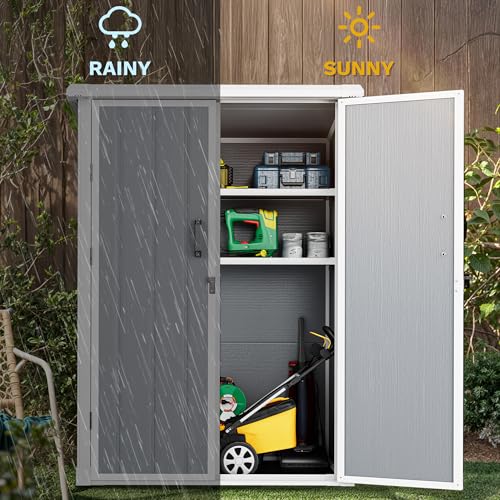 60 Cuft Outdoor Tall Storage Shed with 2 Shelves, Weatherproof Vertical Tool Shed with Floor & Lockable Doors, Double-Wall Plastic Cabinet (Gray) P36896