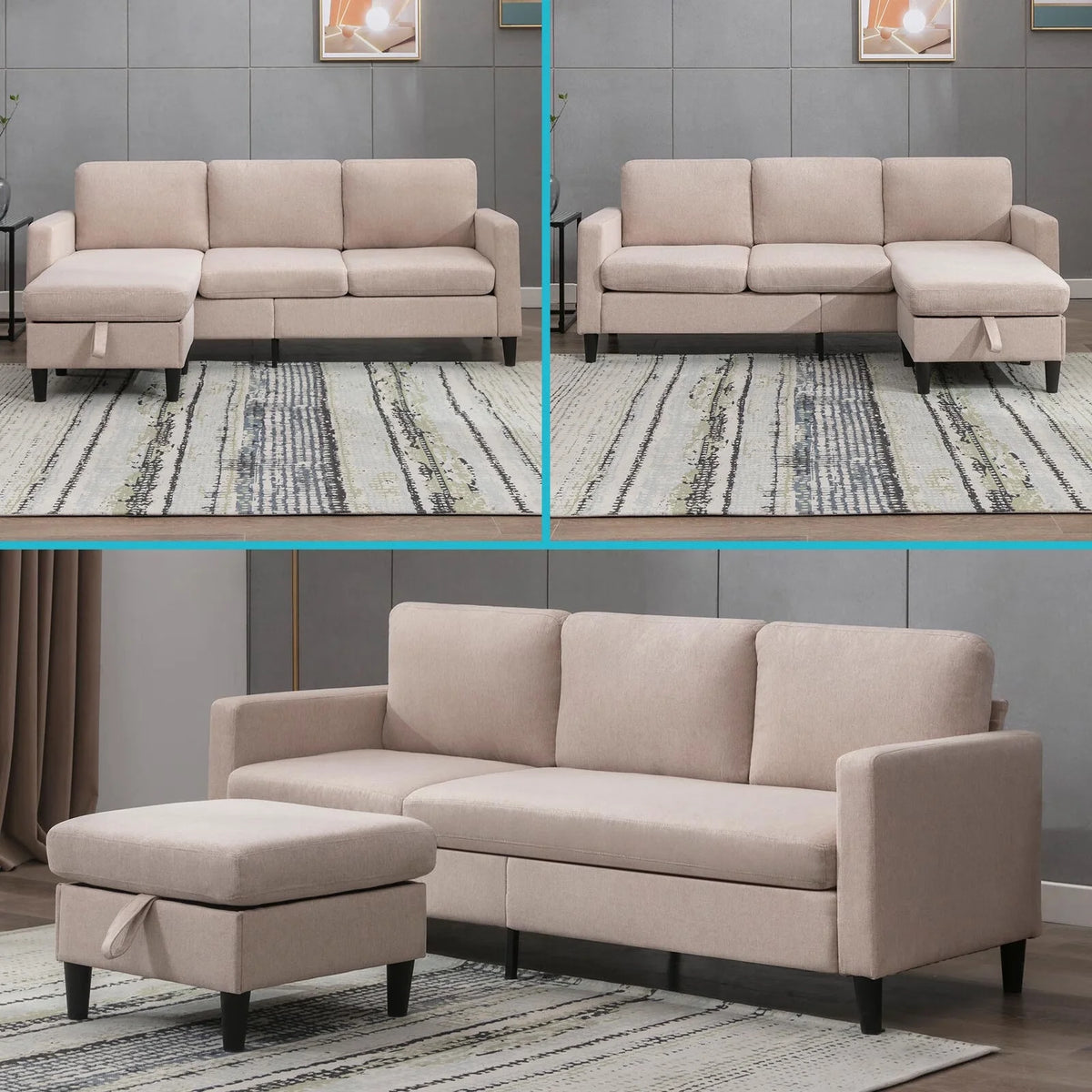 Beige Linen Convertible Sleeper Sectional Sofa with Storage Ottoman Z802506