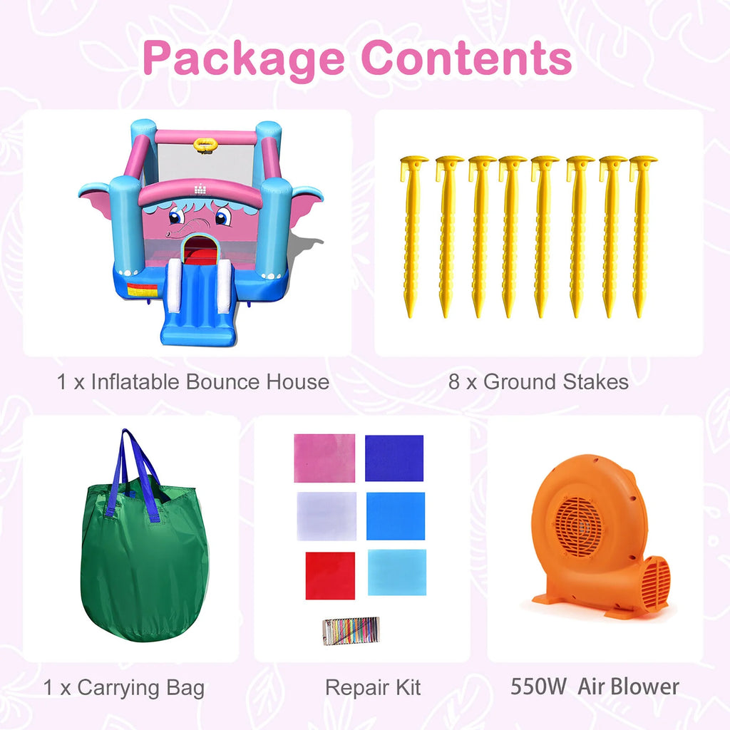 Inflatable Bounce House 3-in-1 Elephant Theme Castle with 550W Blower D15790