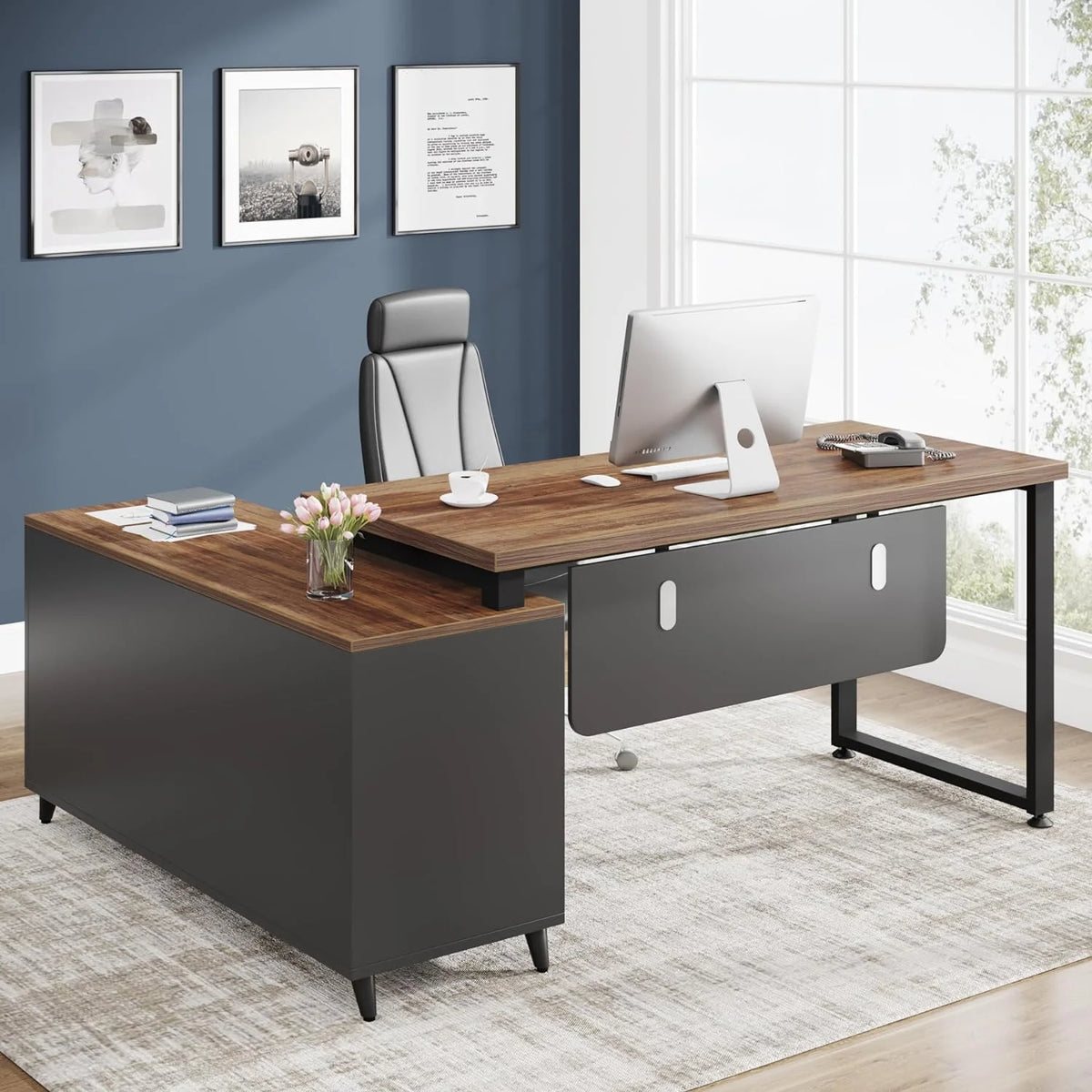 55 Inch L Shaped Desk with File Drawer J2772