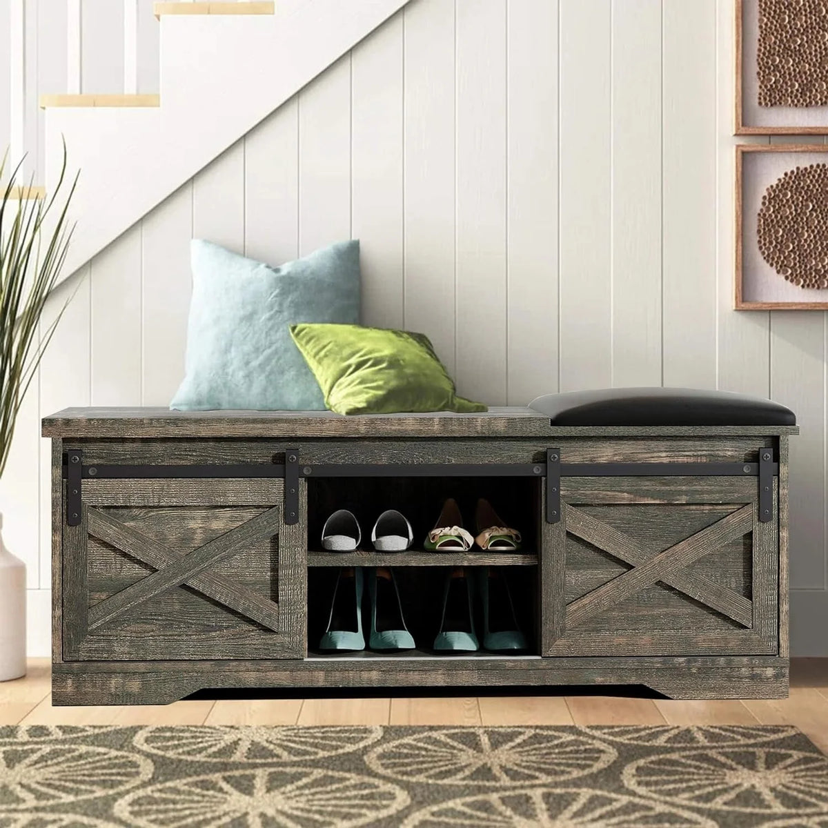 47 inch 2-Tier Shoe Storage Bench with Sliding Barn Door L899