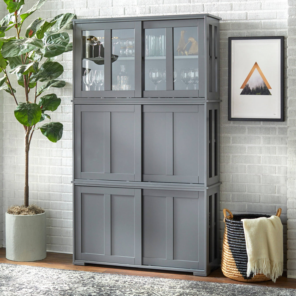 Espresso Glass Sliding Door Stackable Cabinet A92926