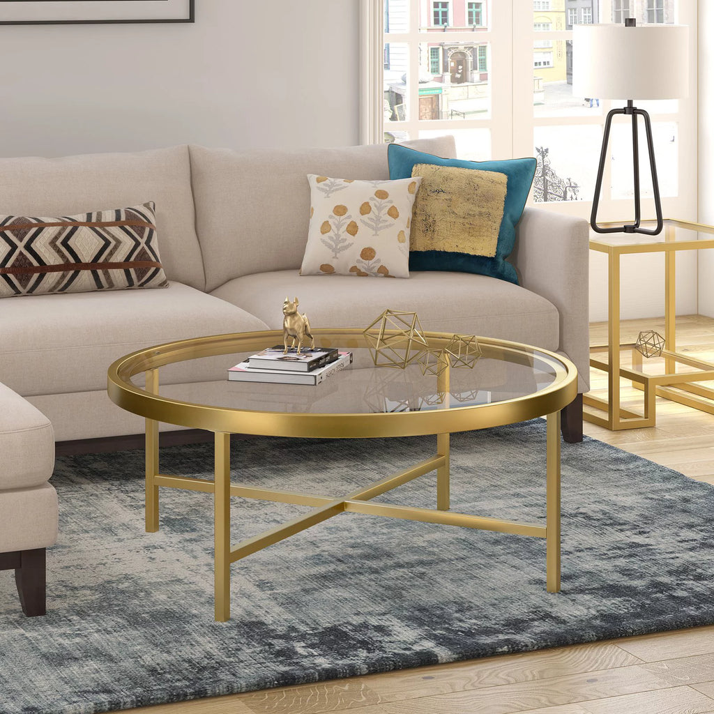 Round Metal Base Coffee Table in Brass and Gold O748