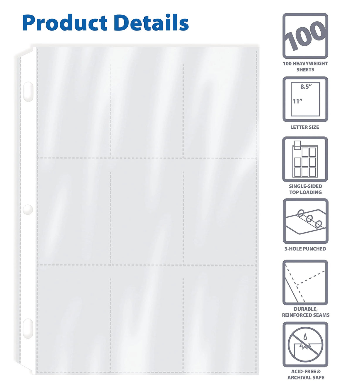 Clear Heavyweight 9 Pocket Trading Card Sleeve Pages, 100 Count D95769