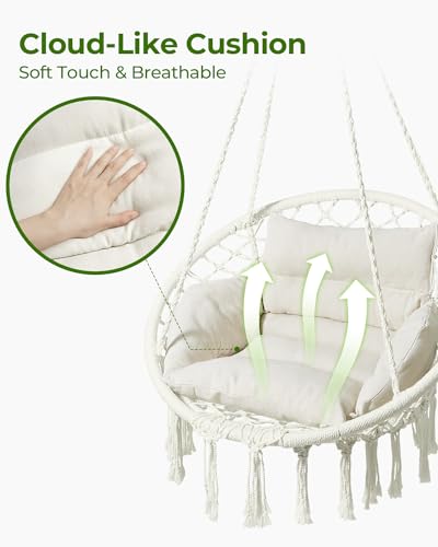 Beige Macrame Hanging Hammock Chair with Cushion Z23506