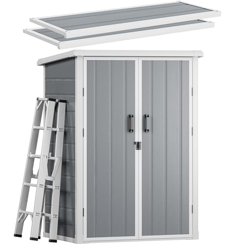 60 Cuft Outdoor Tall Storage Shed with 2 Shelves, Weatherproof Vertical Tool Shed with Floor & Lockable Doors, Double-Wall Plastic Cabinet (Gray) P36896