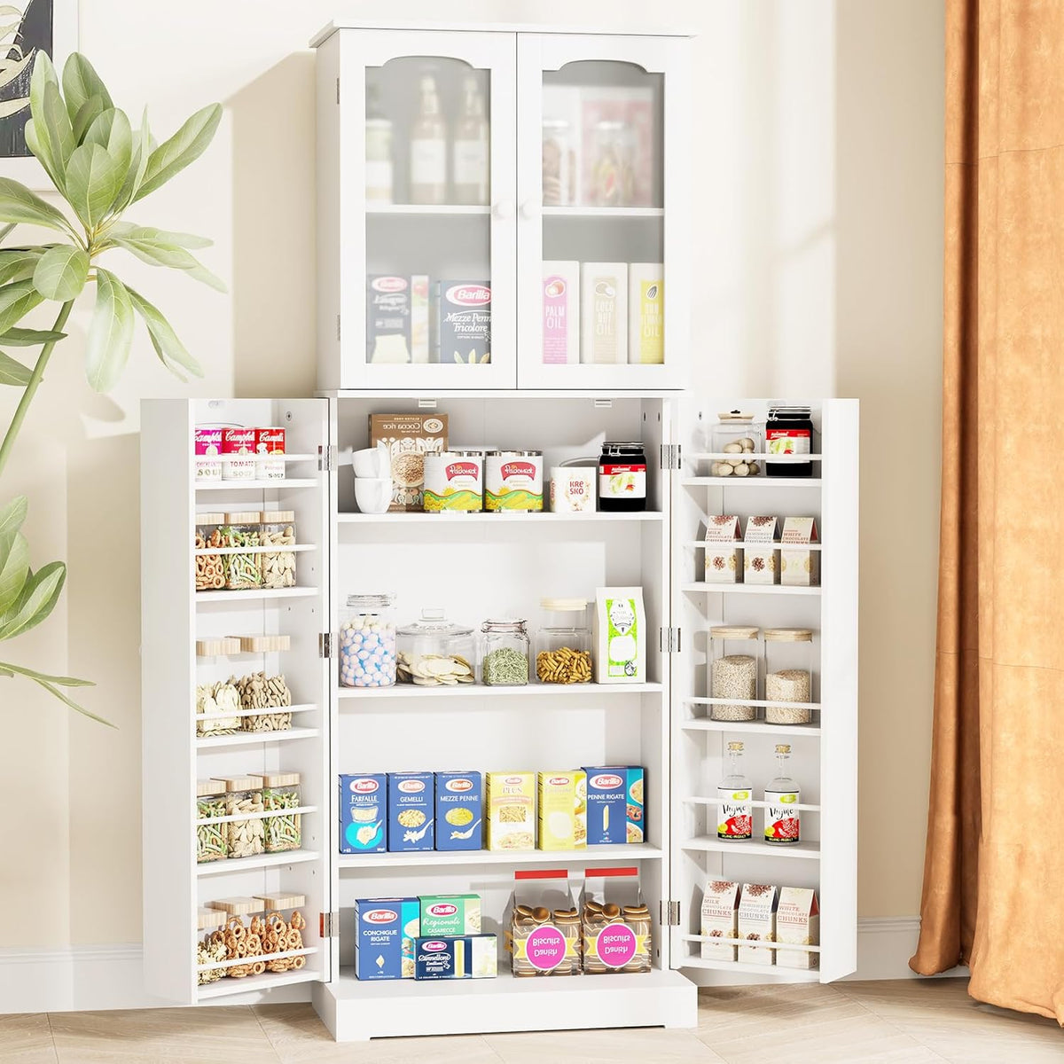 White Tall Kitchen Pantry Cabinet with Glass Doors Q7538