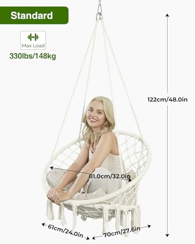 Beige Macrame Hanging Hammock Chair with Cushion Z23506