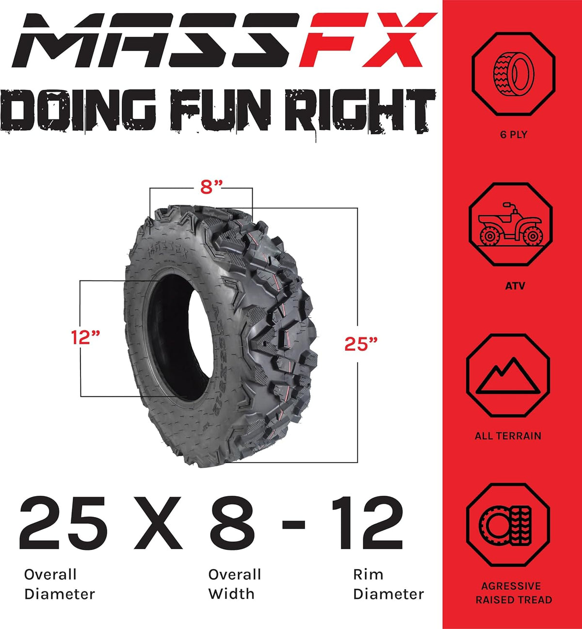 25x8-12 25x10-12 6 PLY 25" Tubeless ATV UTV Tire Set J828101
