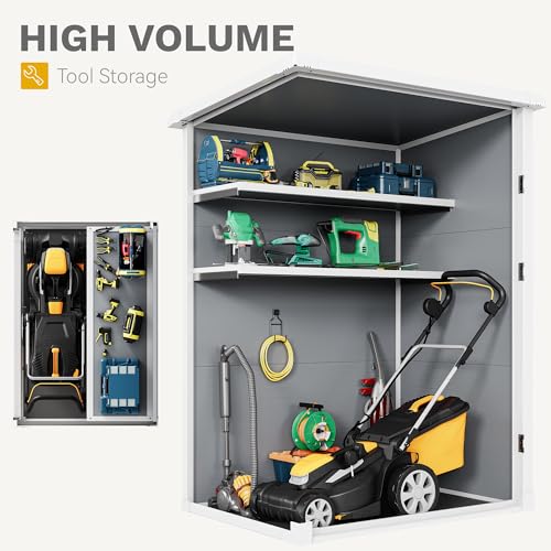 60 Cuft Outdoor Tall Storage Shed with 2 Shelves, Weatherproof Vertical Tool Shed with Floor & Lockable Doors, Double-Wall Plastic Cabinet (Gray) P36896