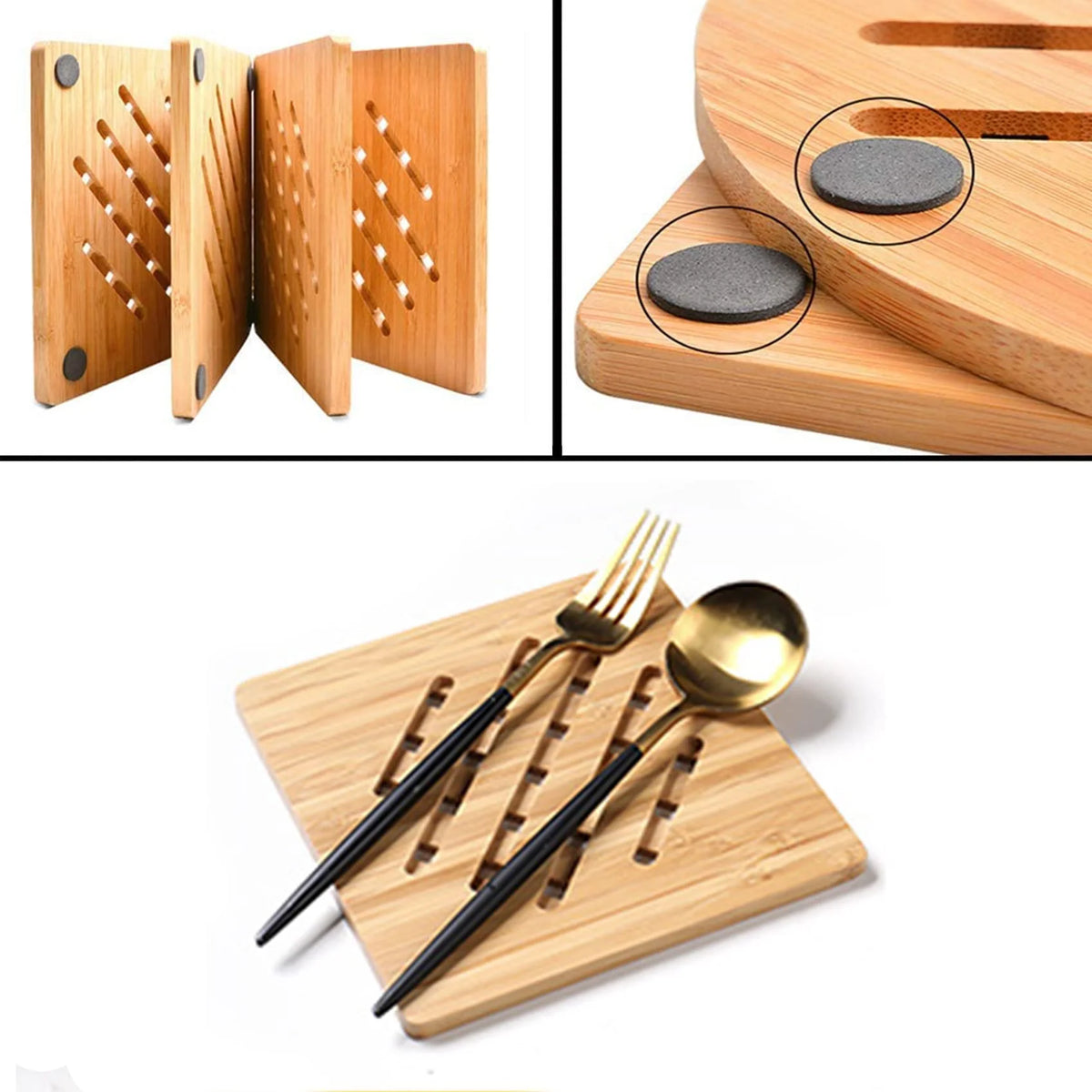 8 Pack Natural Bamboo Trivet Mat Set with 2 Holders K464