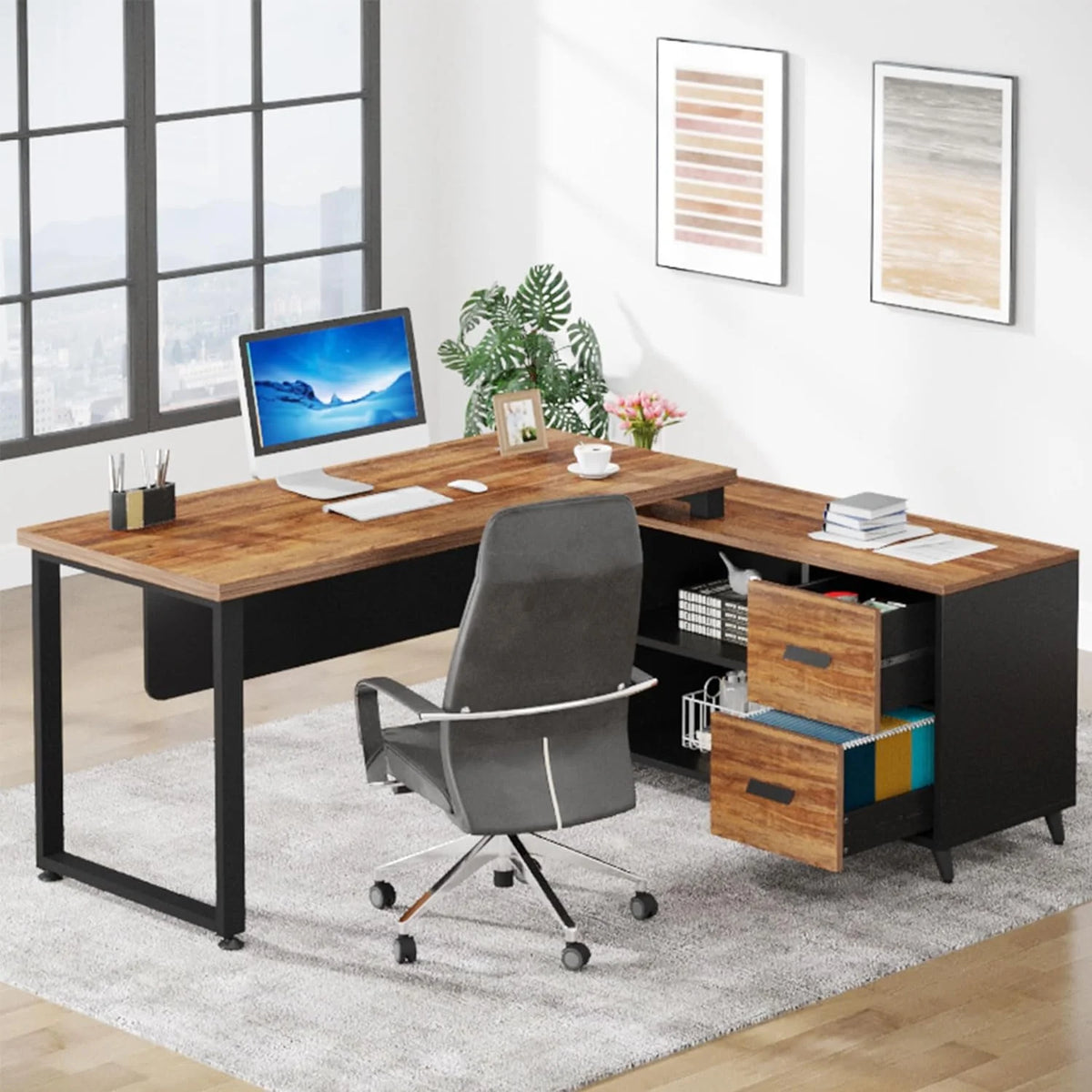 55 Inch L Shaped Desk with File Drawer J2772
