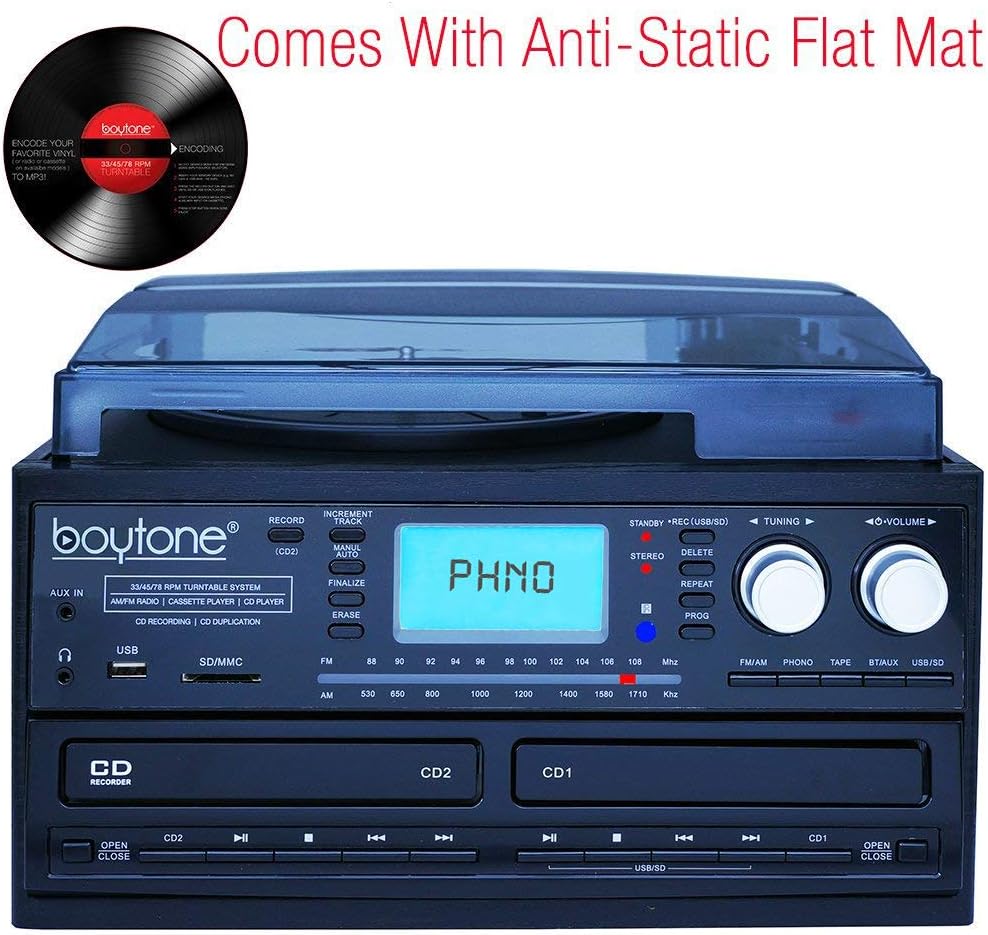 Bluetooth Dual CD Player Turntable Record Player with AM/FM Radio, Cassette Player, USB, AUX O376