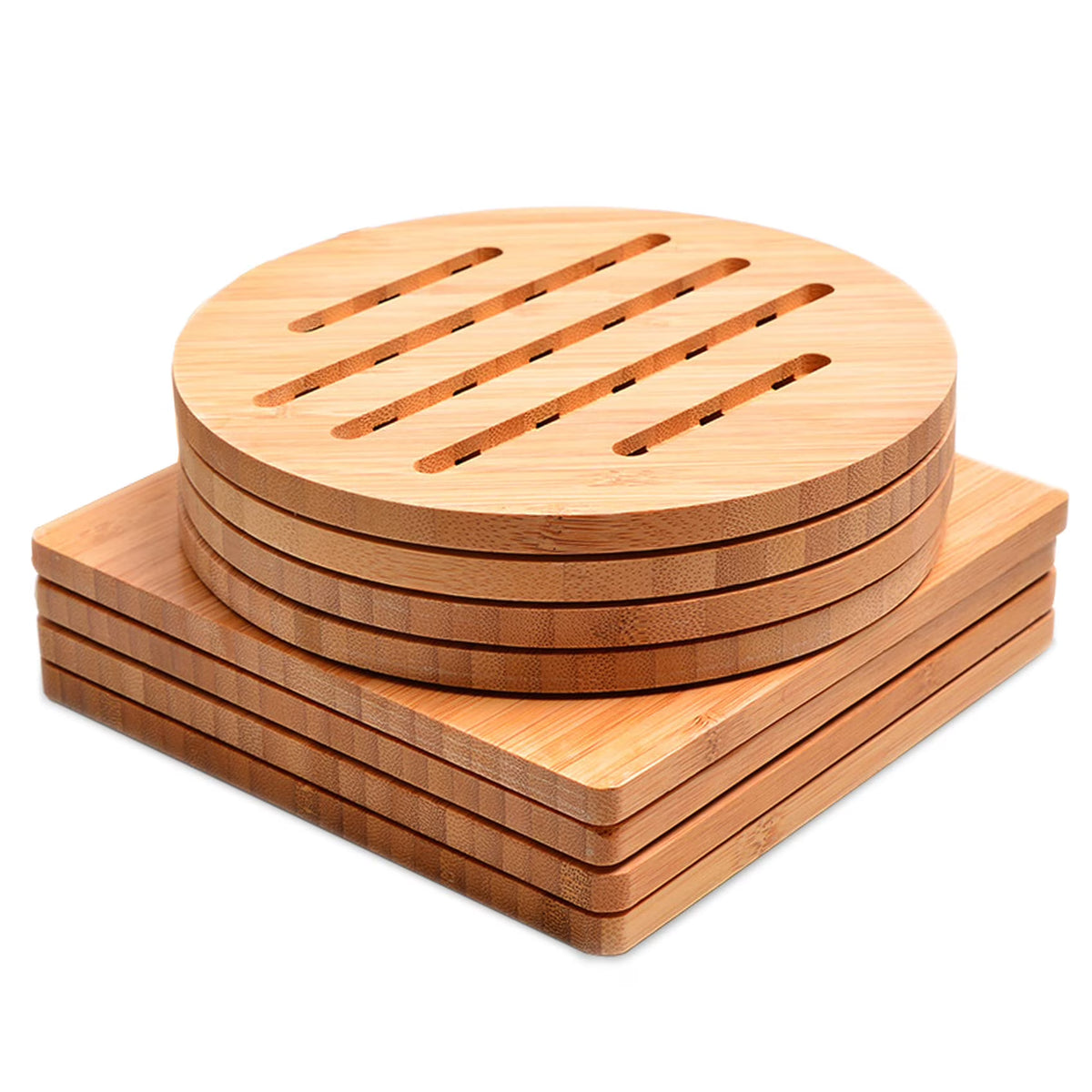 8 Pack Natural Bamboo Trivet Mat Set with 2 Holders K464