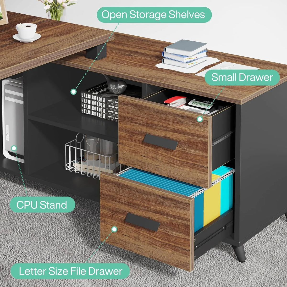 55 Inch L Shaped Desk with File Drawer J2772