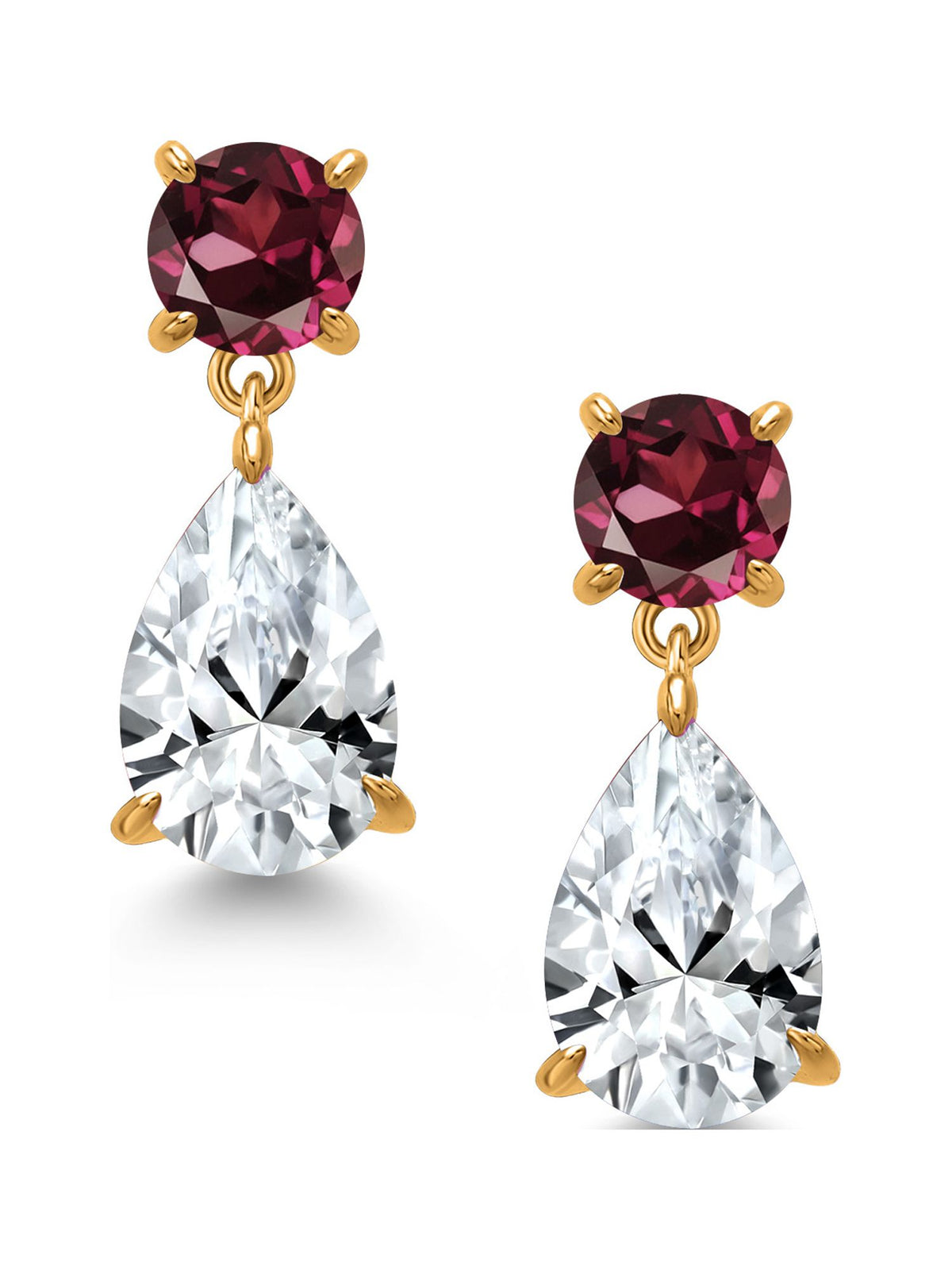 18K Yellow Gold Plated Silver White Created Sapphire and Red Rhodolite Garnet Teardrop Dangle Drop Earrings F4204