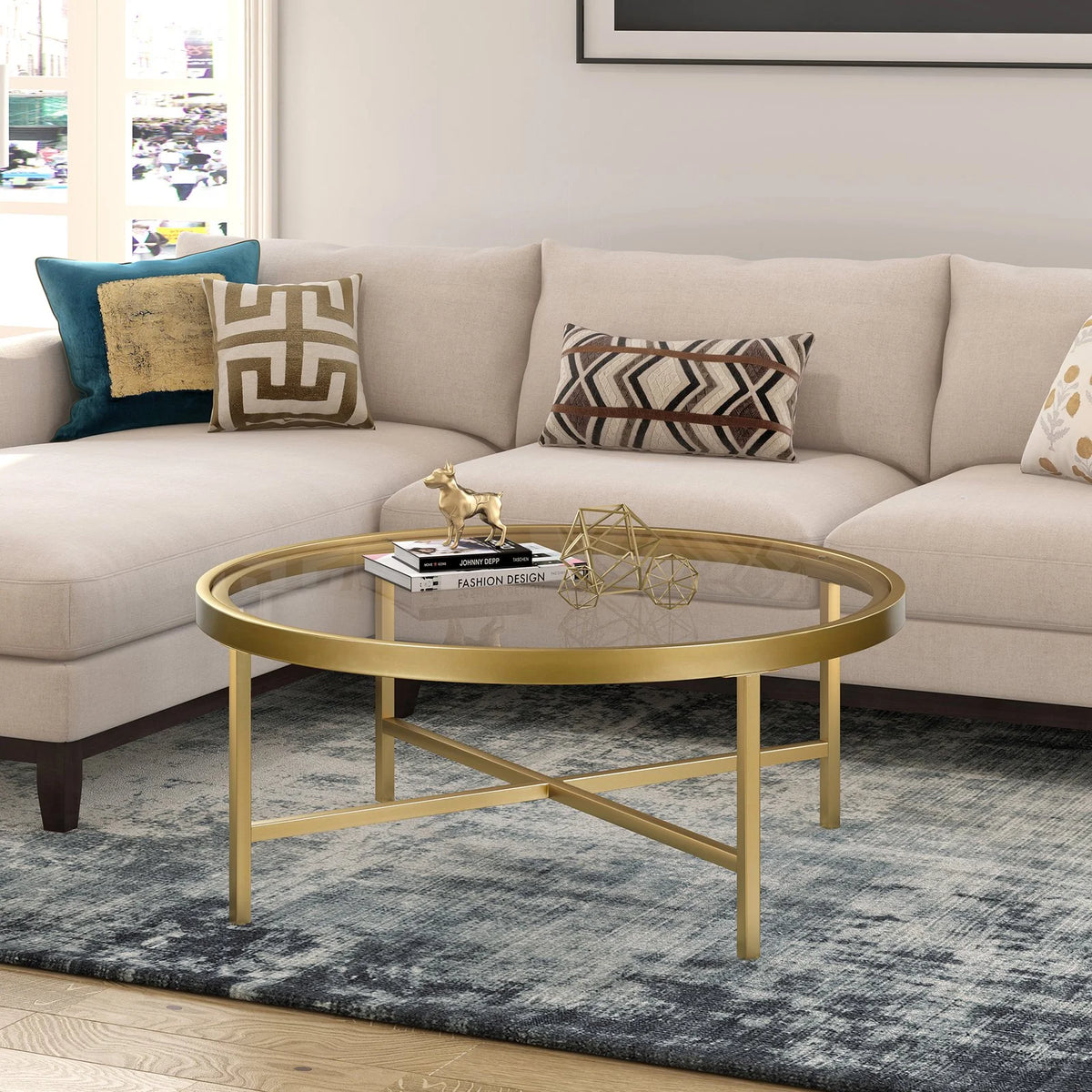 Round Metal Base Coffee Table in Brass and Gold O748
