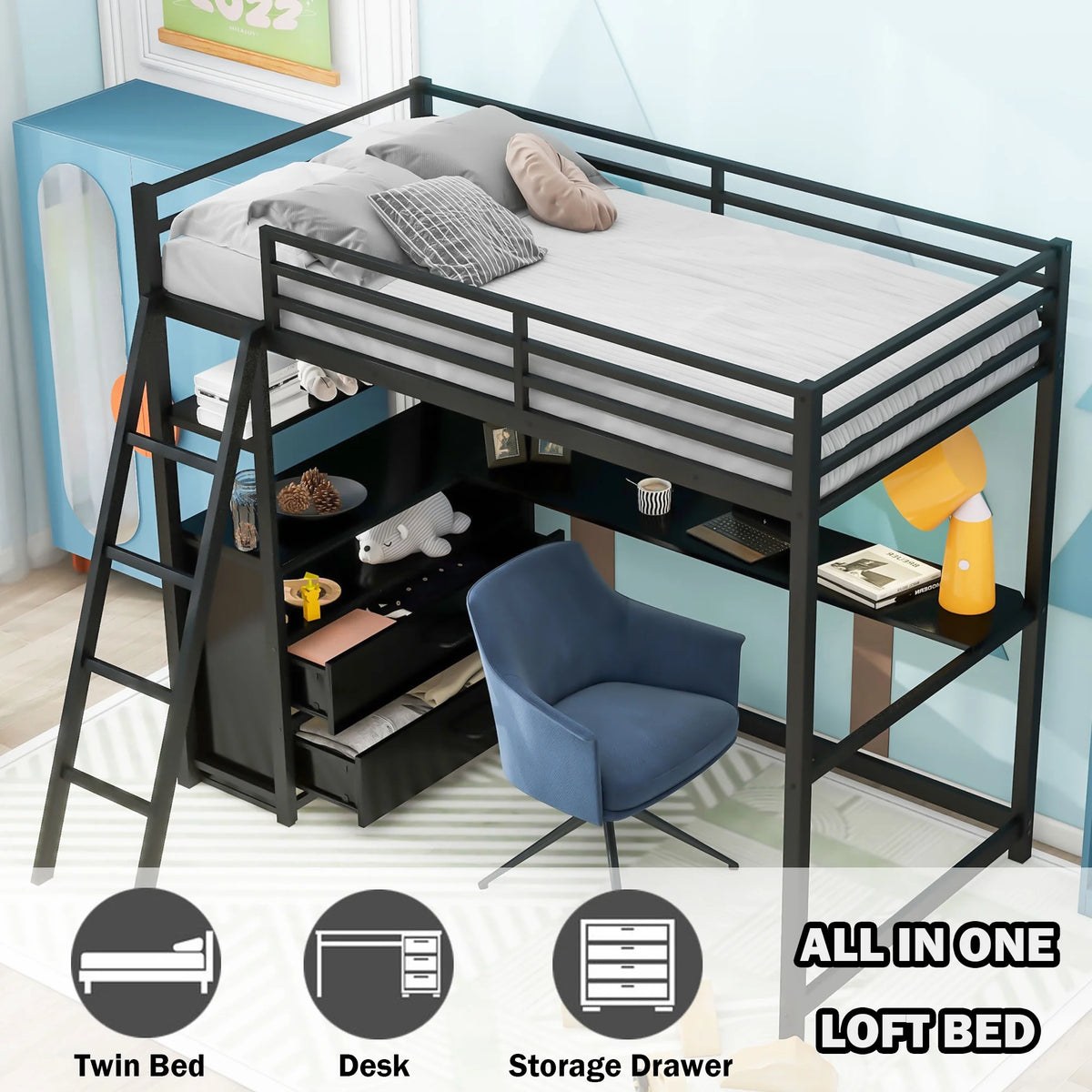 Black Twin Metal Loft Bed with Desk Storage Drawers Shelves L851750