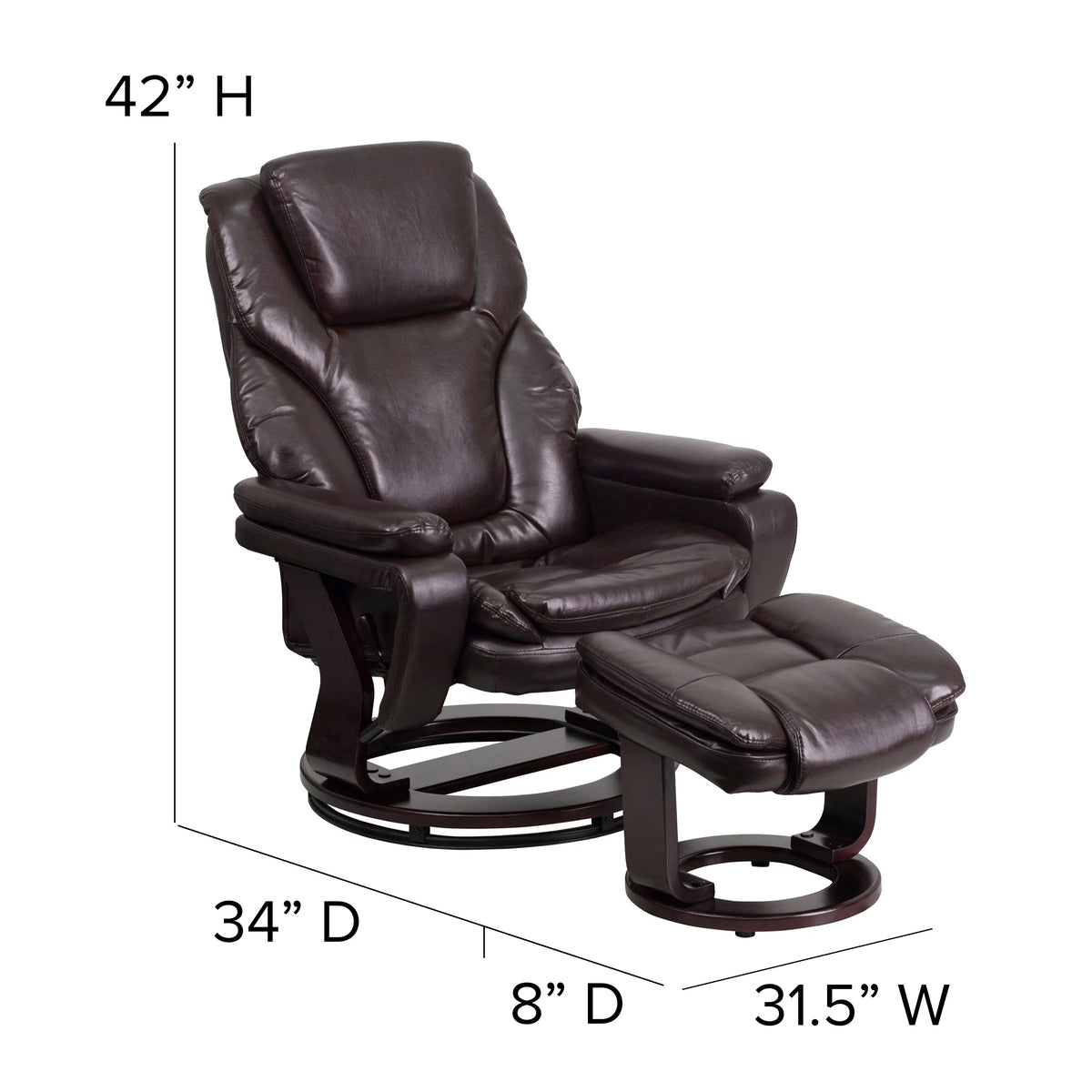 Brown LeatherSoft Recliner and Ottoman with Swivel Mahogany Wood Base B38302