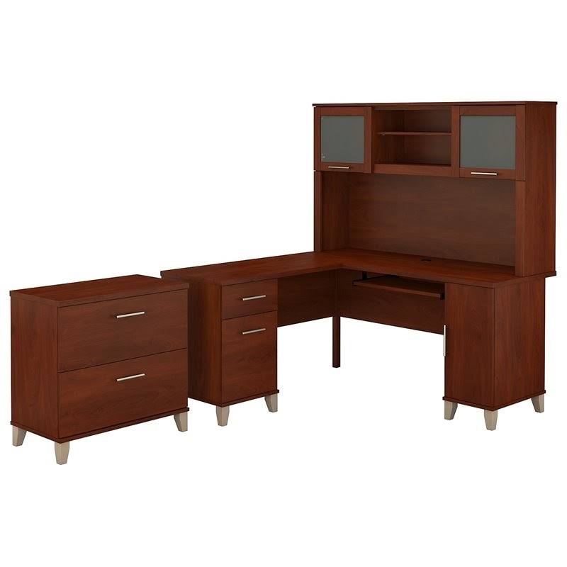 60W L Desk with Hutch and File Cabinet in Cherry C56162