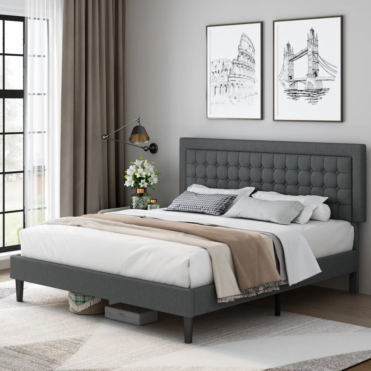 King Bed Frame with Adjustable Button Tufted Upholstered Headboard K809