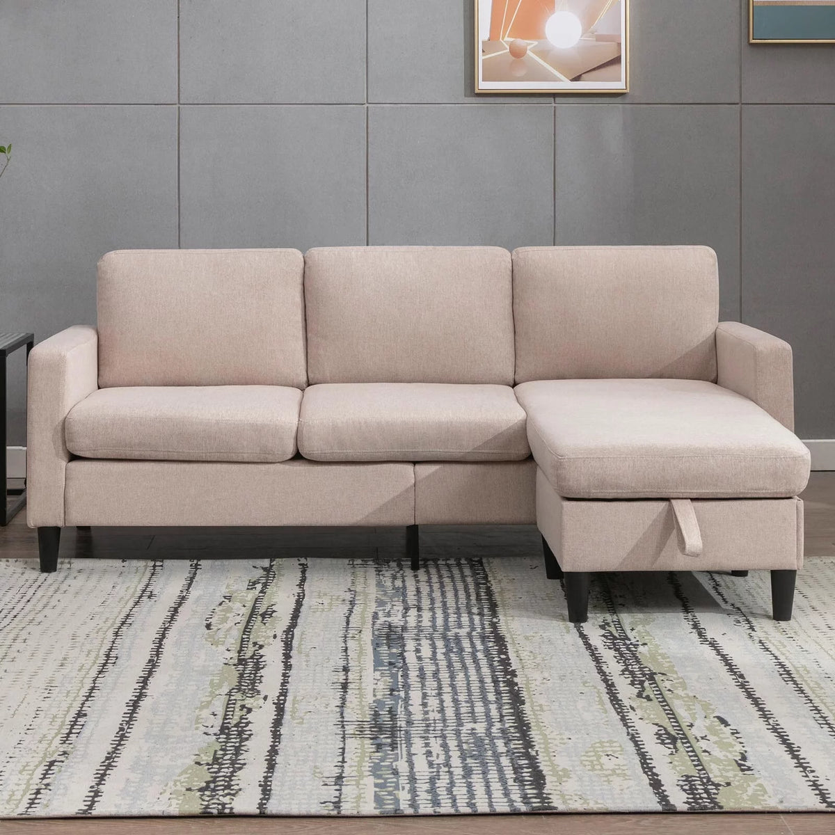 Beige Linen Convertible Sleeper Sectional Sofa with Storage Ottoman Z802506
