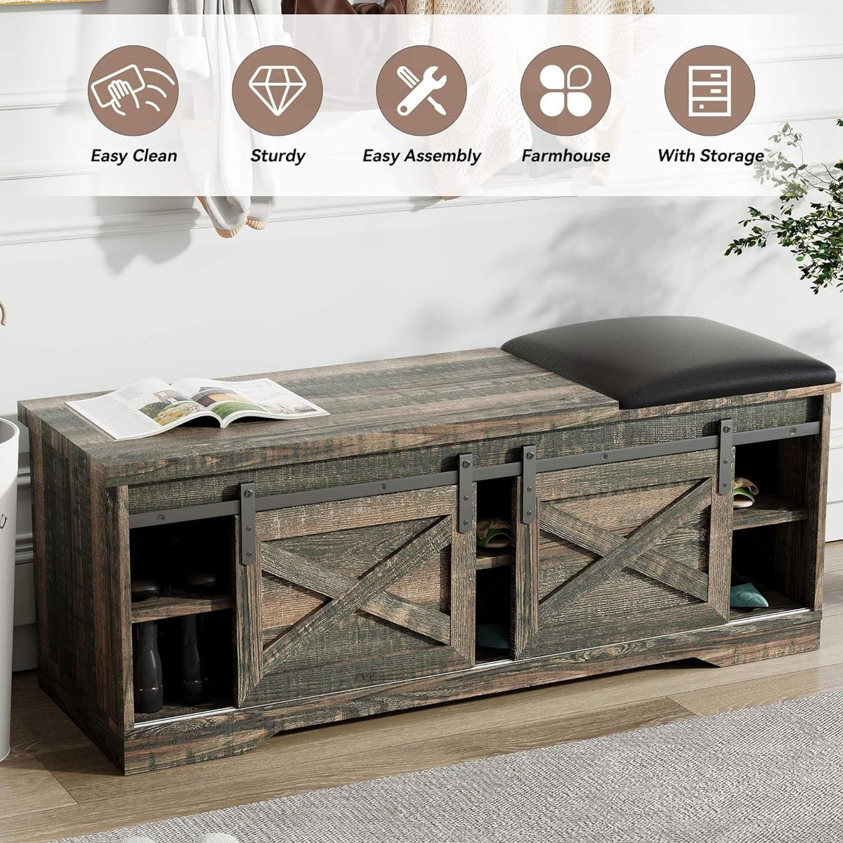 47 inch 2-Tier Shoe Storage Bench with Sliding Barn Door L899