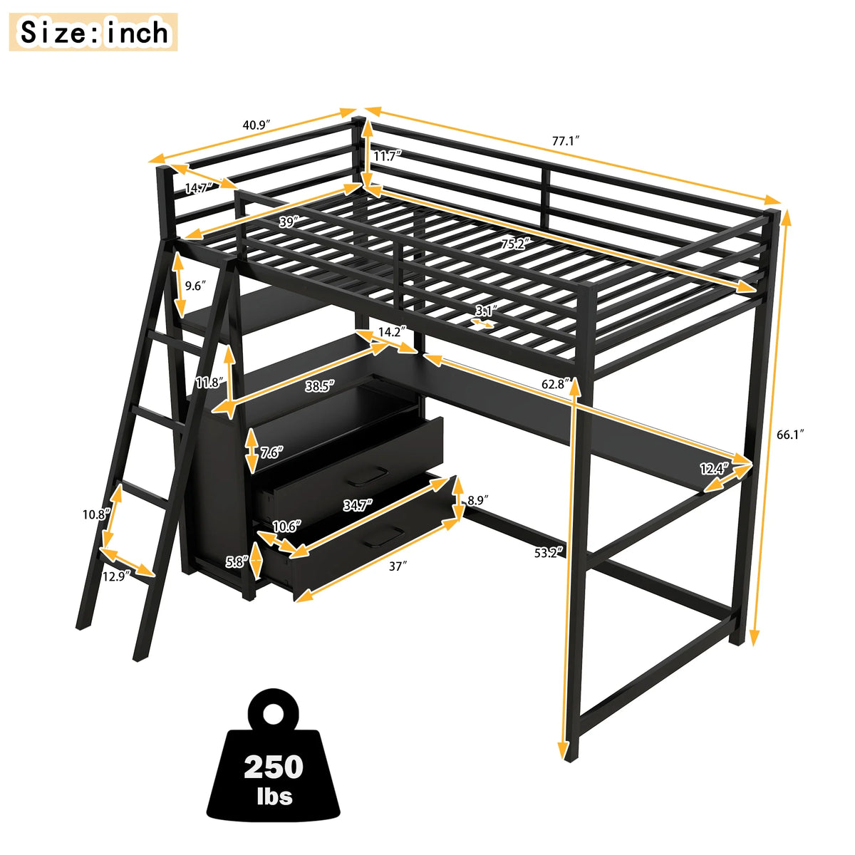 Black Twin Metal Loft Bed with Desk Storage Drawers Shelves L851750