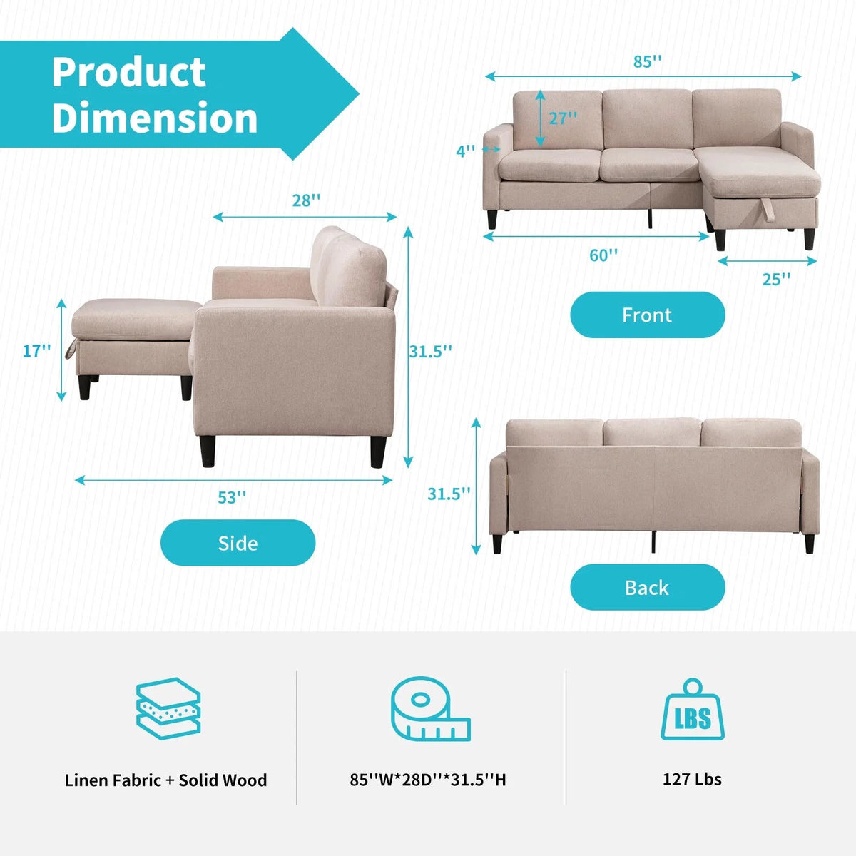 Beige Linen Convertible Sleeper Sectional Sofa with Storage Ottoman Z802506