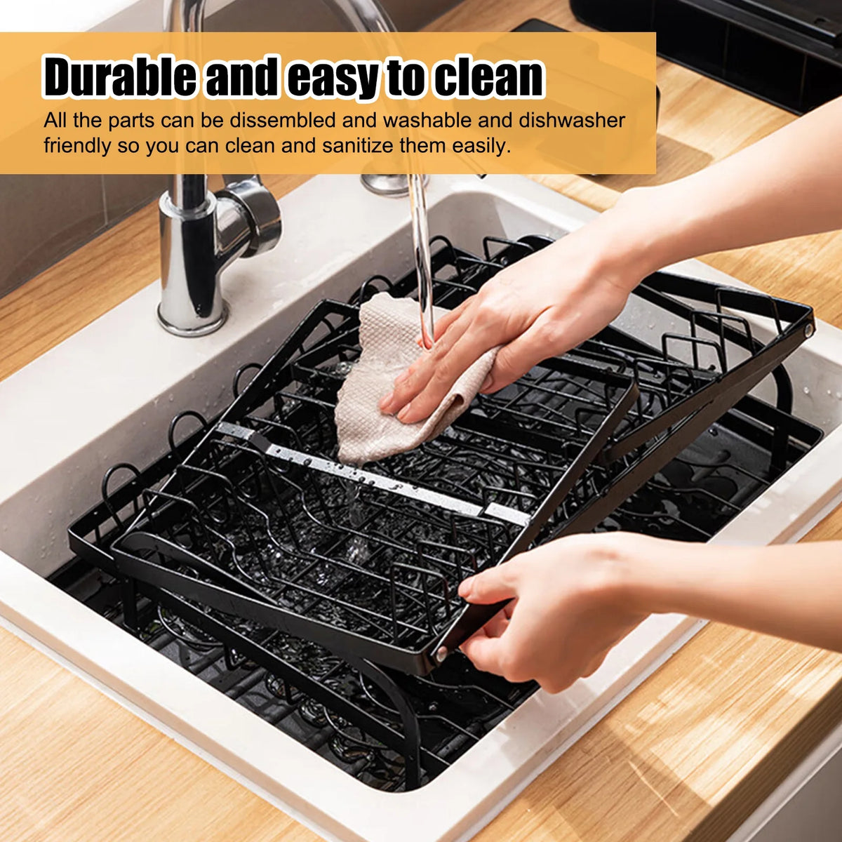 Black 2 Tier Stainless Steel Dish Drying Rack with Drainboard E176