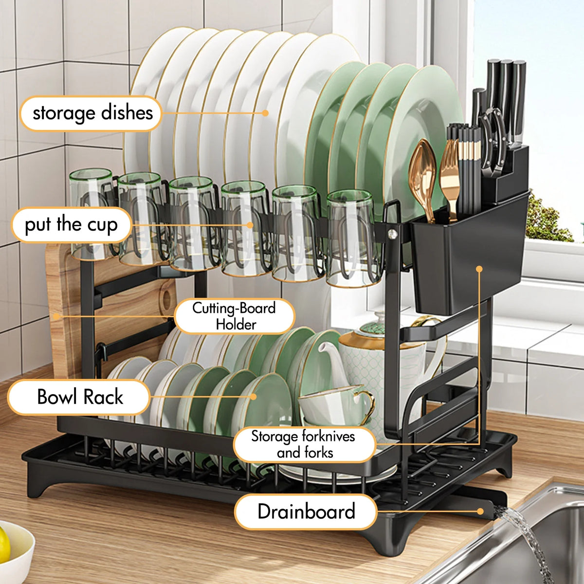 Black 2 Tier Stainless Steel Dish Drying Rack with Drainboard E176