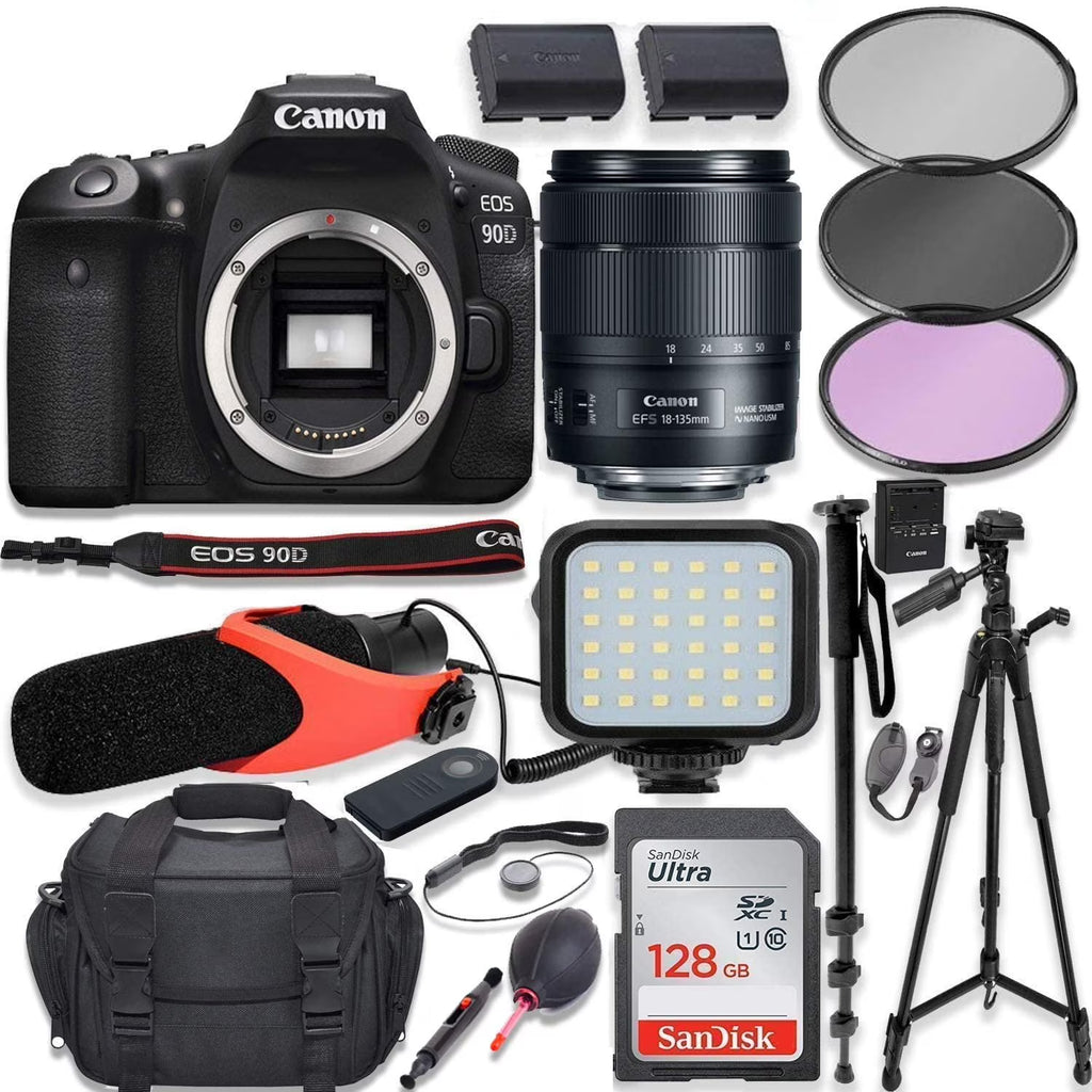 Canon EOS 90D DSLR Camera with 18-135mm USM Lens Kit, 128GB Memory, LED Light, Condenser Microphone, 60" Tripod E55315