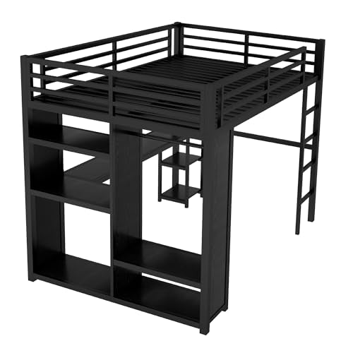Queen Size Black Metal Loft Bed with L Desk and Wardrobe J307