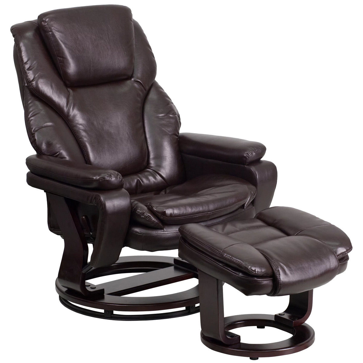 Brown LeatherSoft Recliner and Ottoman with Swivel Mahogany Wood Base B38302