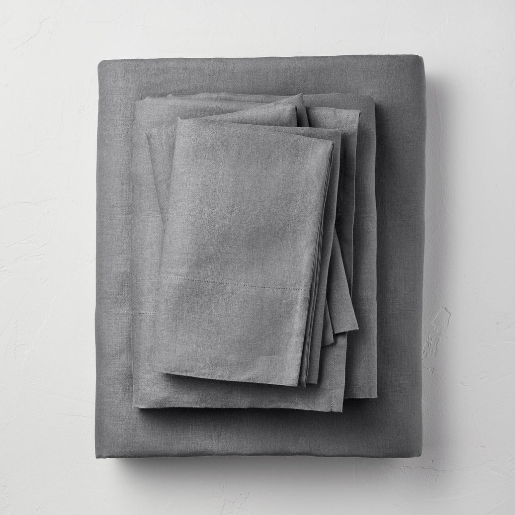 Queen 100% Washed Linen Solid Sheet Set Dark Gray O719666