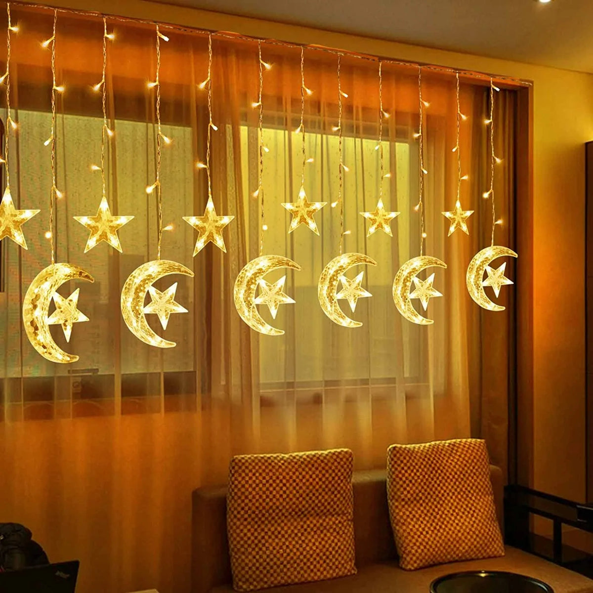 Warm White LED Curtain Lights with Remote Control Y94526