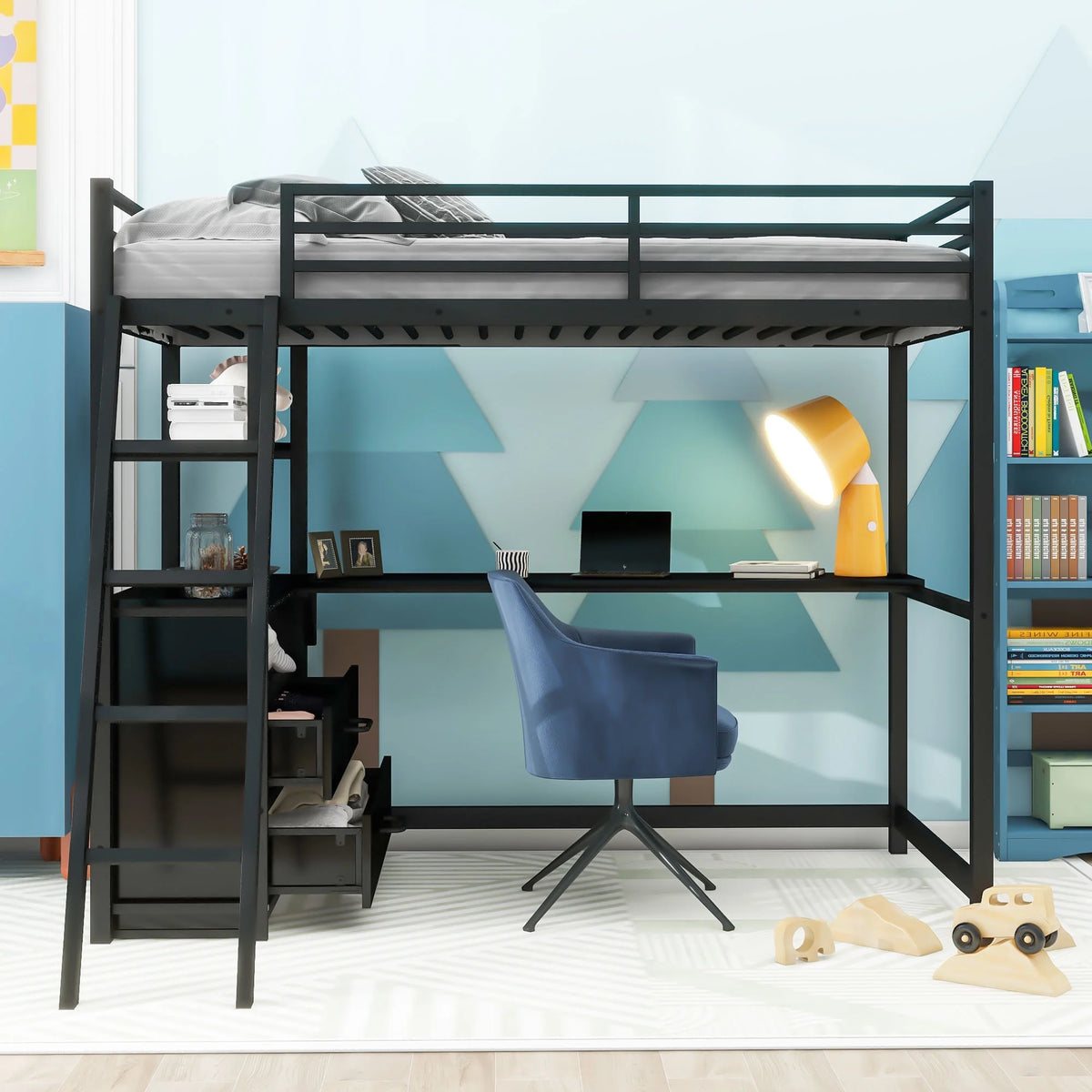 Black Twin Metal Loft Bed with Desk Storage Drawers Shelves L851750
